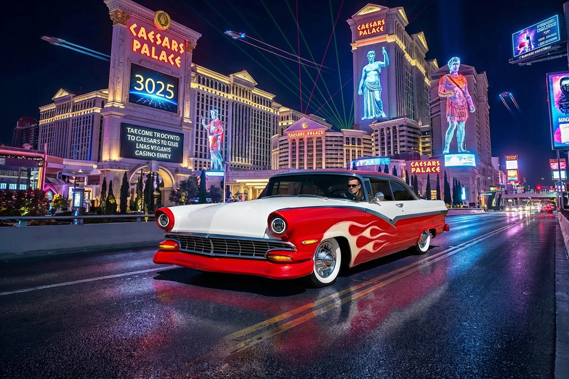 A vintage red and white car with flame decals on the side driving near Caesars Palace hotel and casino at night, with neon lights and laser shows in the background.