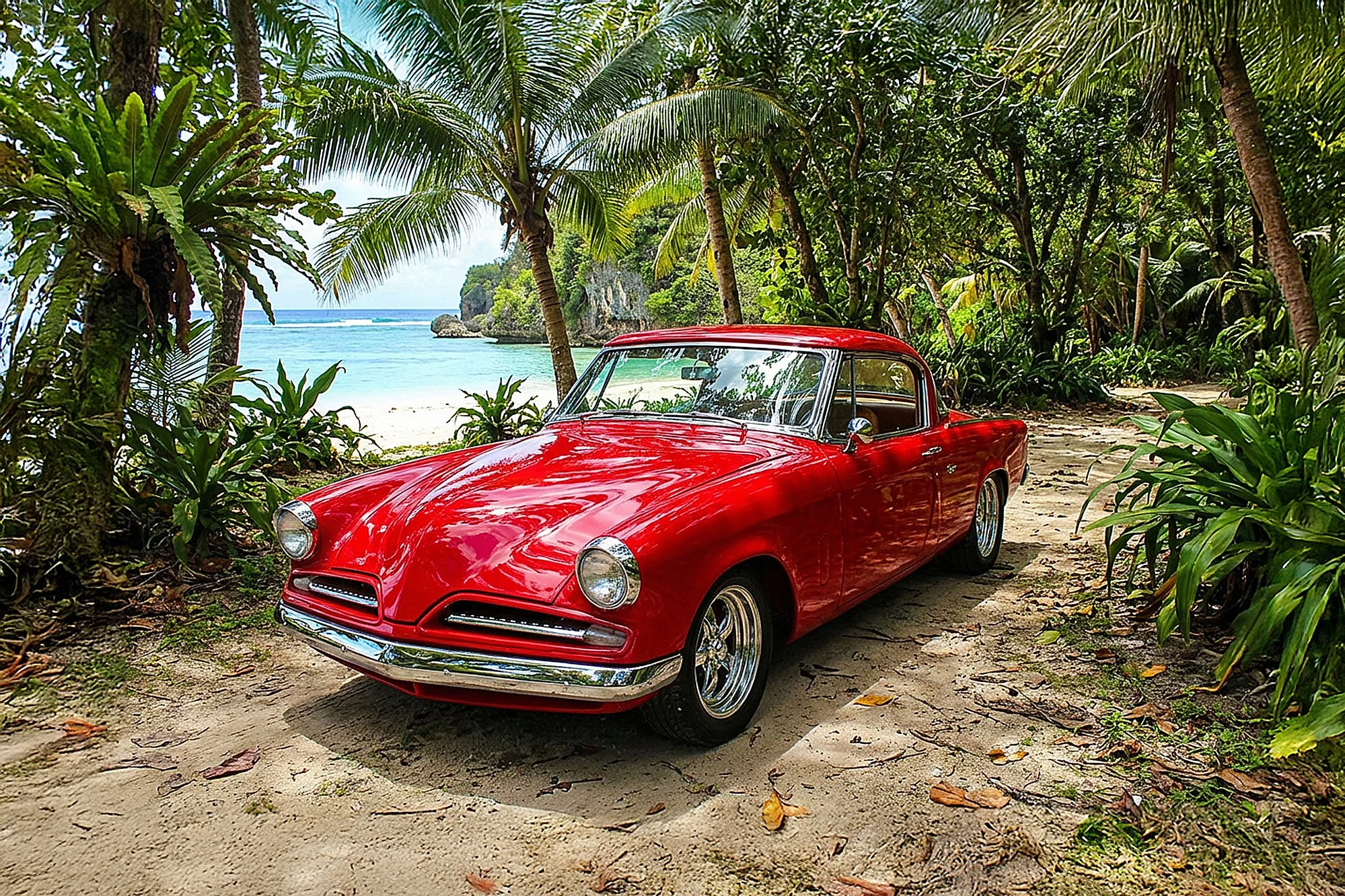 A red vintage car parked on a sandy path surrounded by lush green tropical plants, with a beach, ocean, and palm trees in the background.