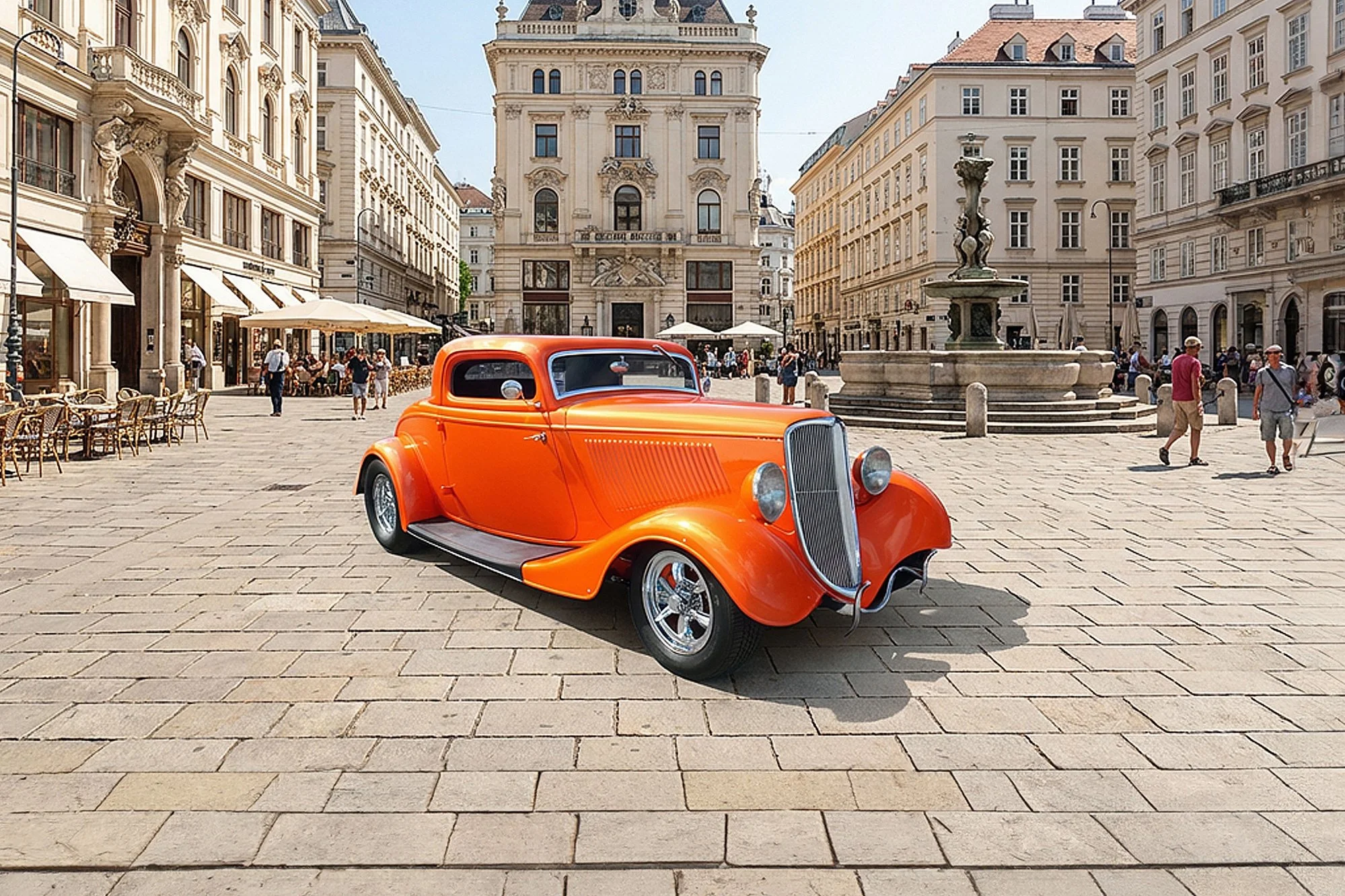 Vintage orange car parked on a European city square with historic buildings, a fountain, and people walking and sitting at outdoor cafes.