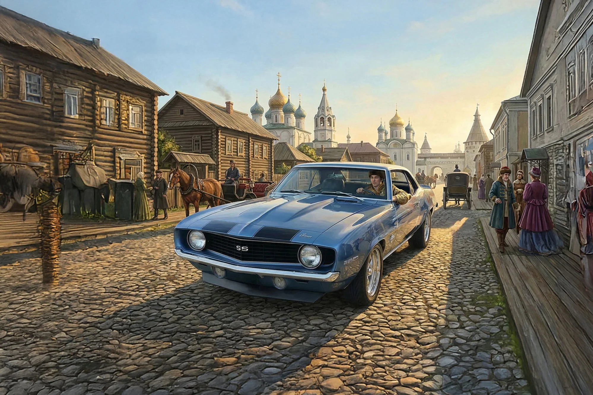 A vintage Chevrolet Camaro SS parked on a cobblestone street in an old European-style town with historic wooden houses and a church with domes and crosses in the background. The scene depicts a historical setting with people dressed in period clothin
