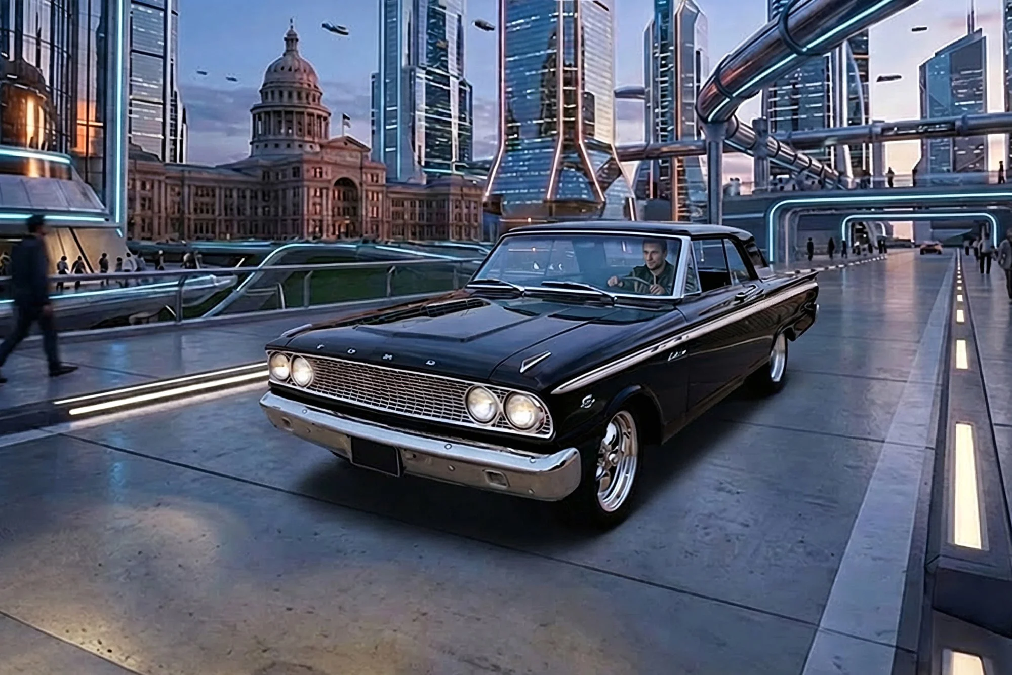 A futuristic cityscape with tall glass buildings, neon lights, and elevated walkways. A black vintage car is driving on a sleek street, with a man inside. The scene depicts a high-tech urban environment at dusk.