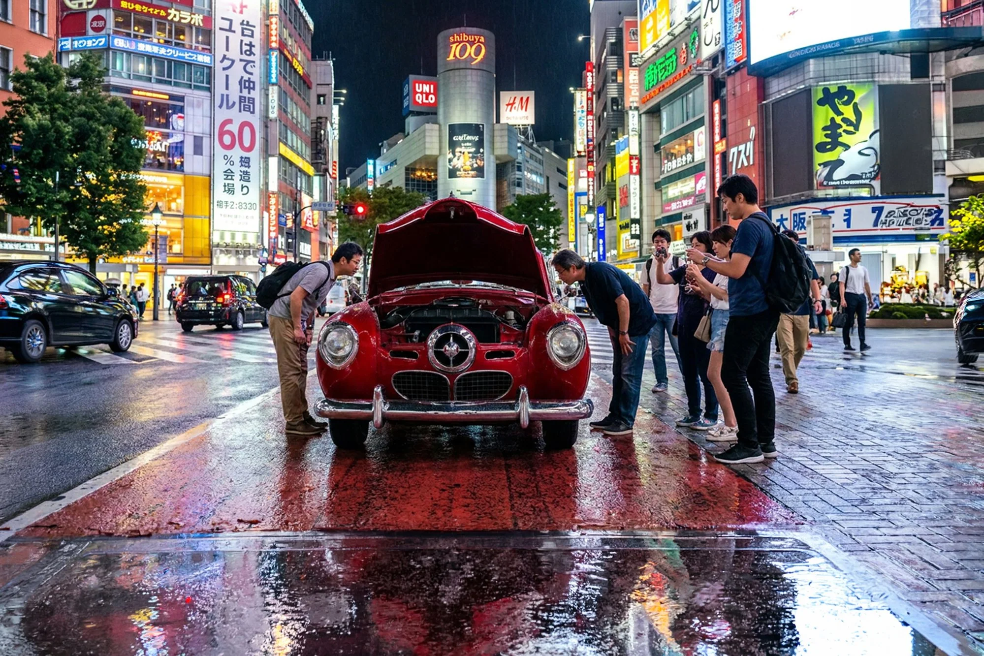 People gathered around a red vintage car with its hood open on a city street at night, with bright neon signs and advertisements in the background.