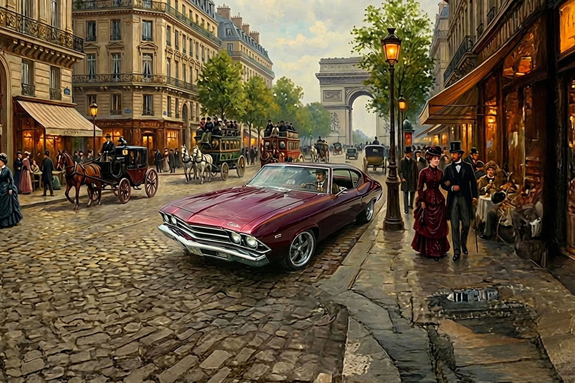 A vintage city street scene with a red sports car in the foreground, horse-drawn carriages, and people dressed in 19th-century attire, with the Arc de Triomphe visible in the background.