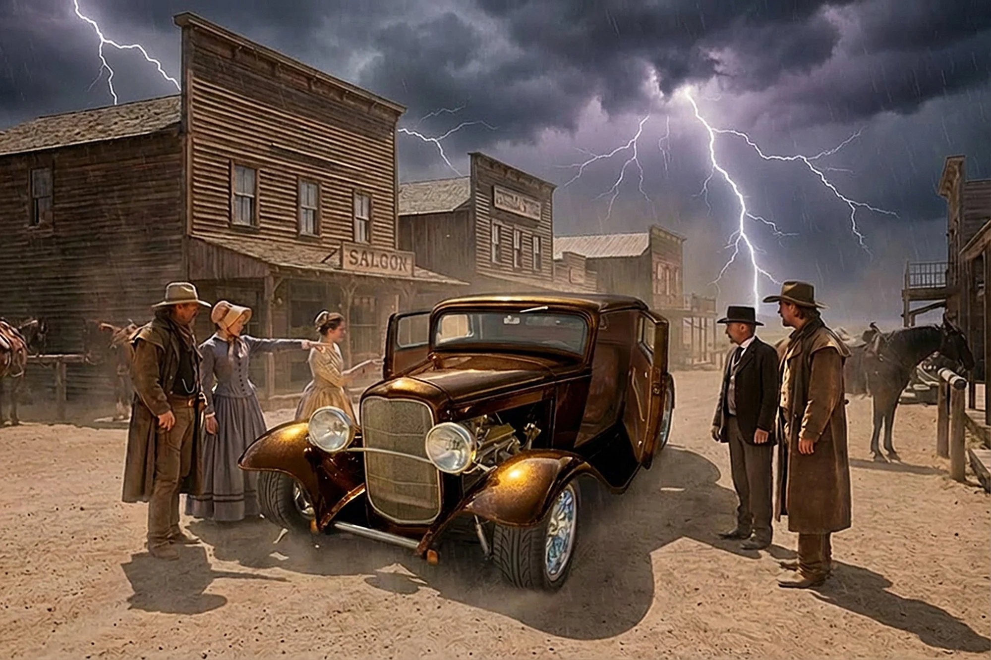 A scene from a Wild West town during a thunderstorm with lightning striking the sky. Several people dressed in period clothing are gathered around an old-fashioned car, with some pointing and looking up at the storm. Wooden buildings line the street,