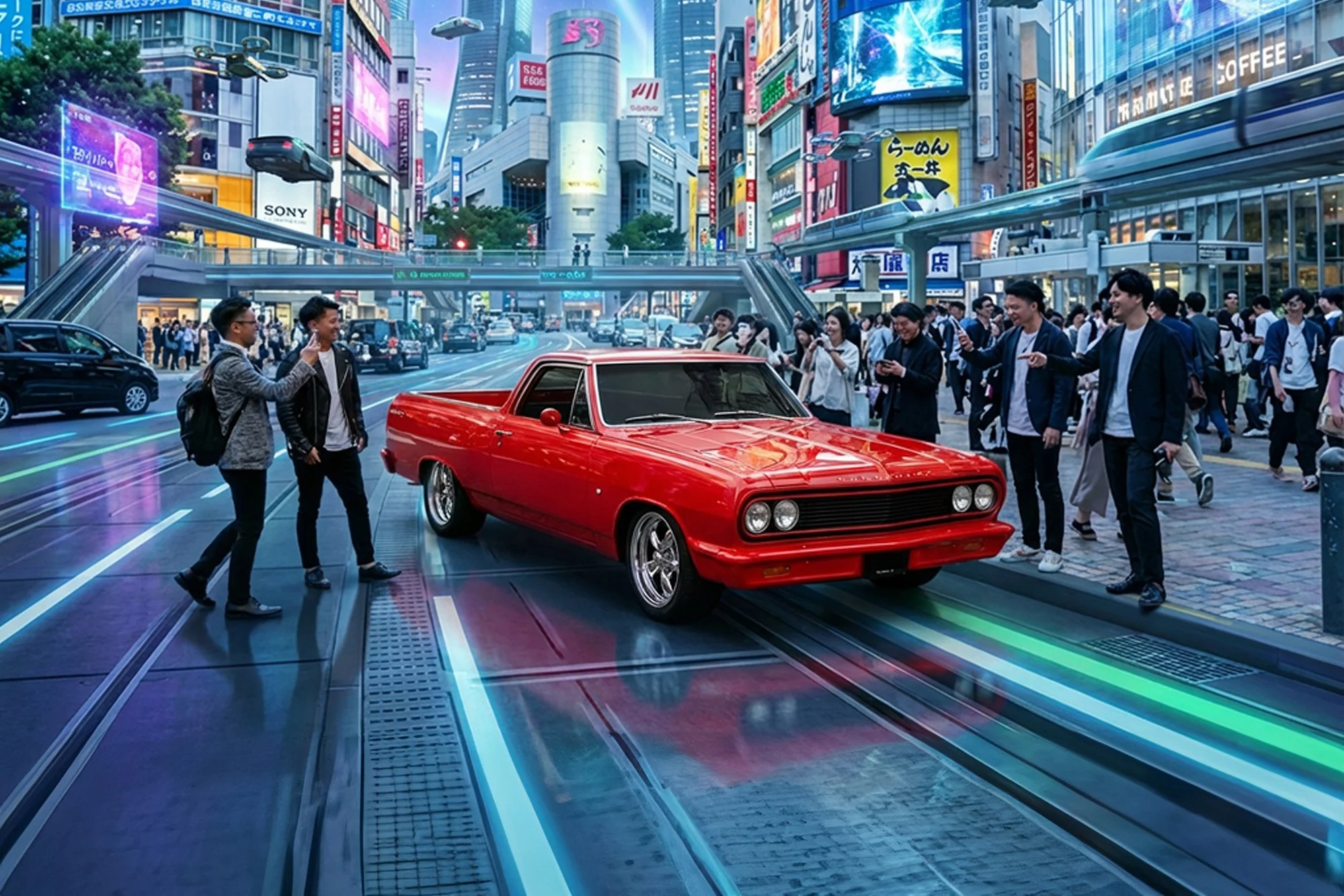 A futuristic city street scene with a red vintage car surrounded by many people taking photos and videos. The street features glowing, colorful tram tracks, hover cars flying overhead, and tall, brightly lit buildings covered with advertisements in v
