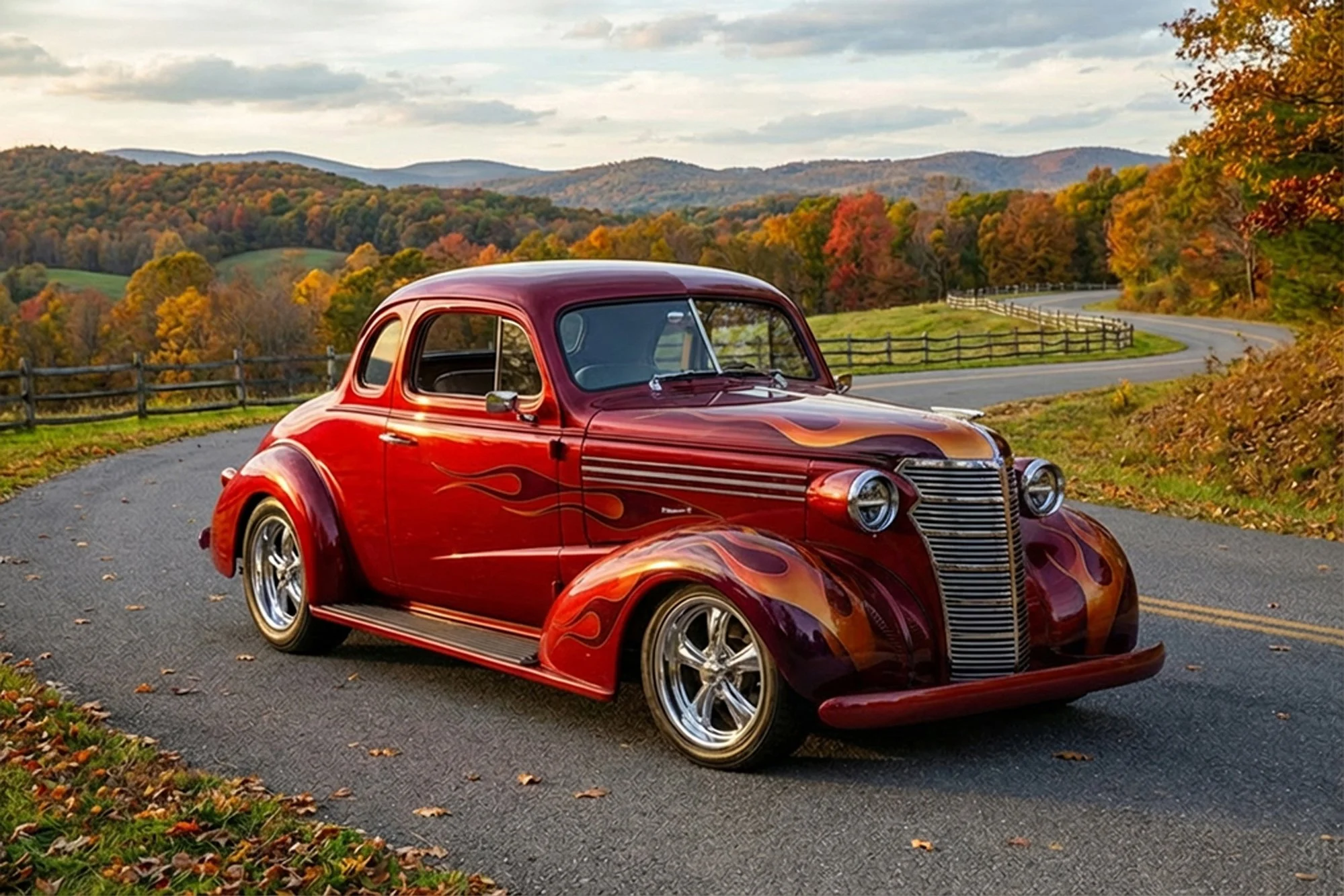 A vintage red car with flame decals parked on a winding mountain road in autumn, with a backdrop of colorful trees and distant hills under a cloudy sky.