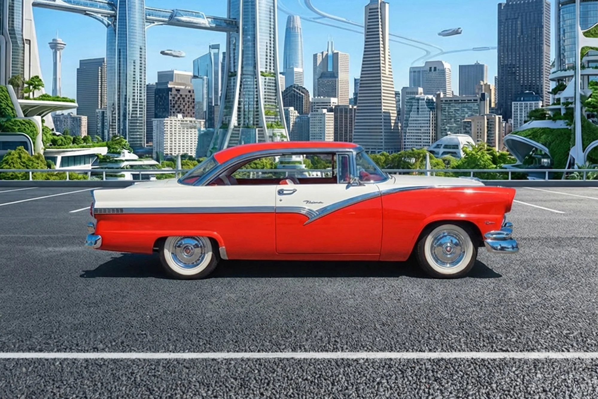 A red and white vintage car parked on an urban rooftop with a futuristic city skyline, featuring skyscrapers and flying vehicles, in the background.