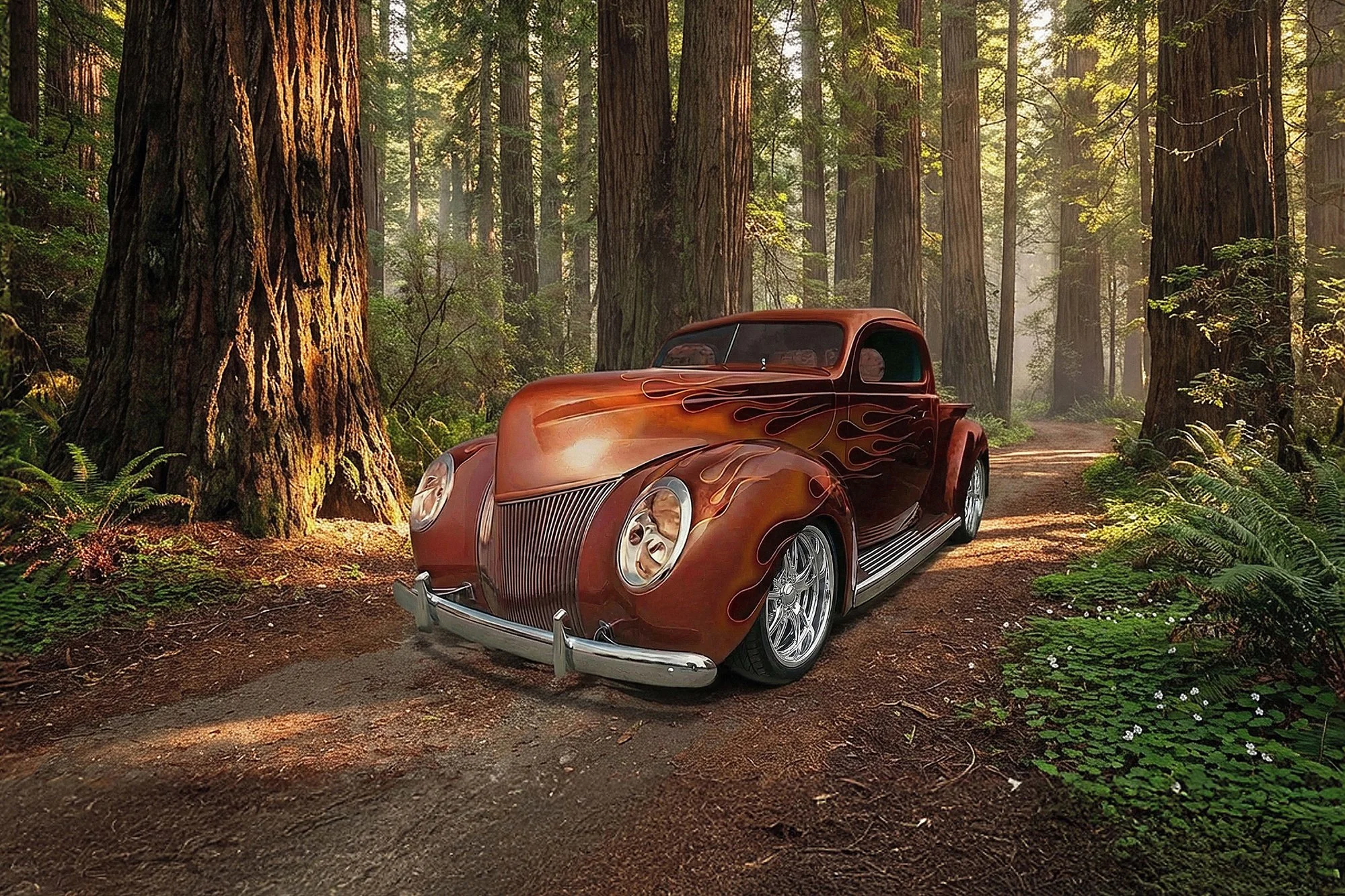A vintage brown sports car with flames painted on the sides, parked on a dirt path in a lush forest filled with tall trees and dense greenery.