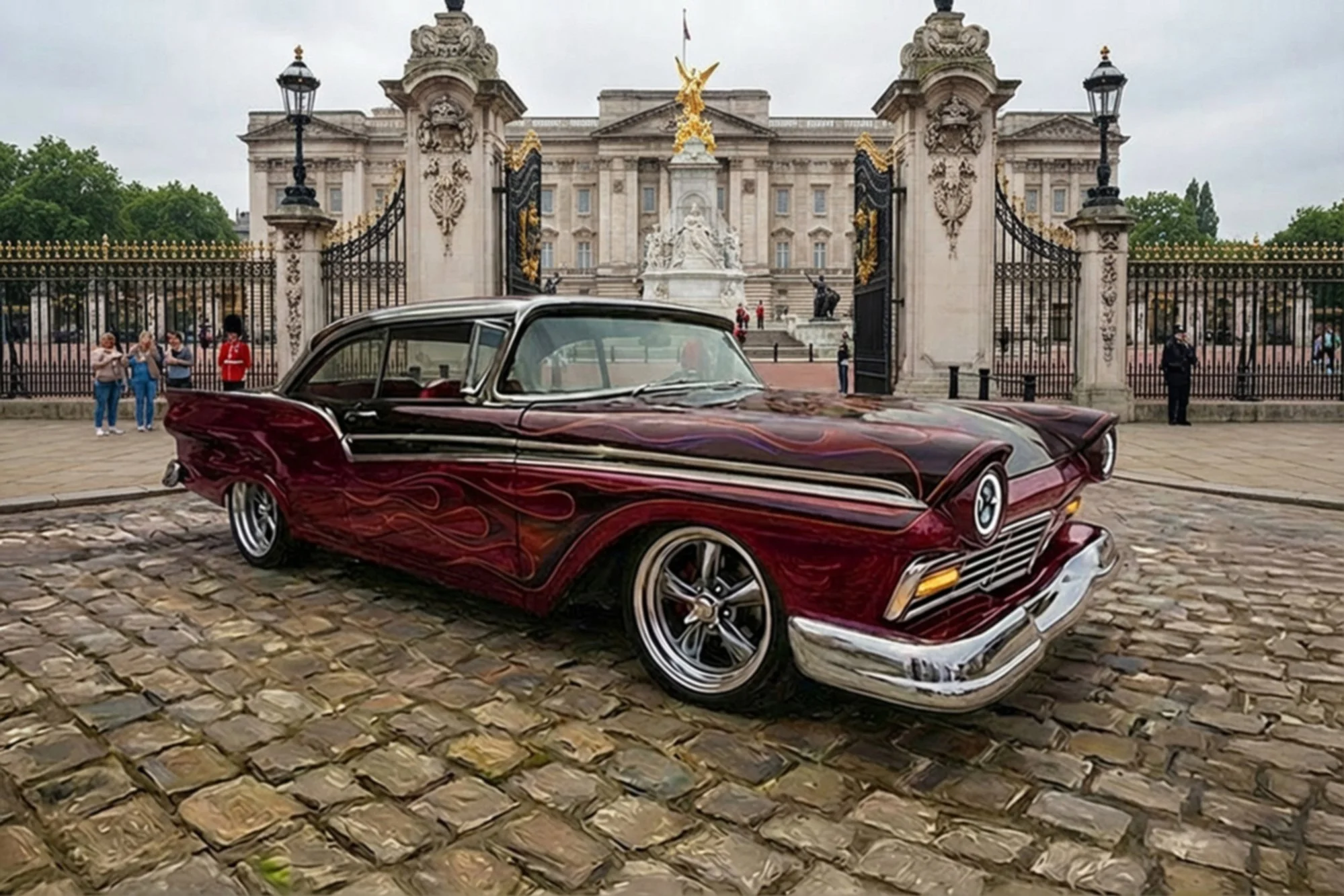 A vintage model car with flames painted on the side, parked on a cobblestone street in front of Buckingham Palace gates in London, England.