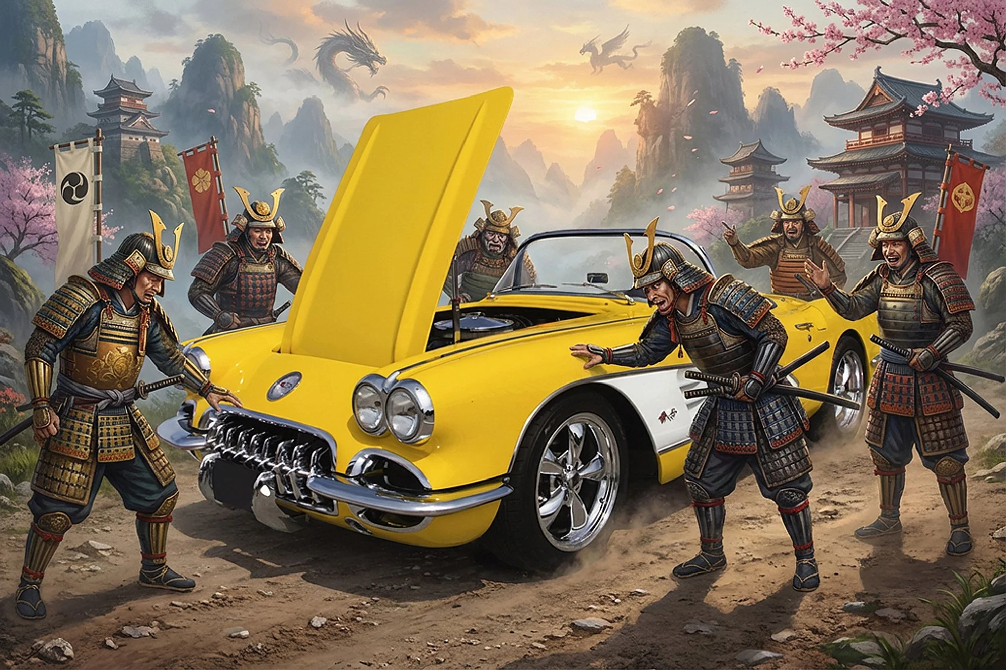 A group of samurai warriors in traditional armor surrounding a yellow sports car with its hood open, set against a dramatic Oriental background with mountains, pagodas, cherry blossom trees, and mythical dragons flying in the sky.