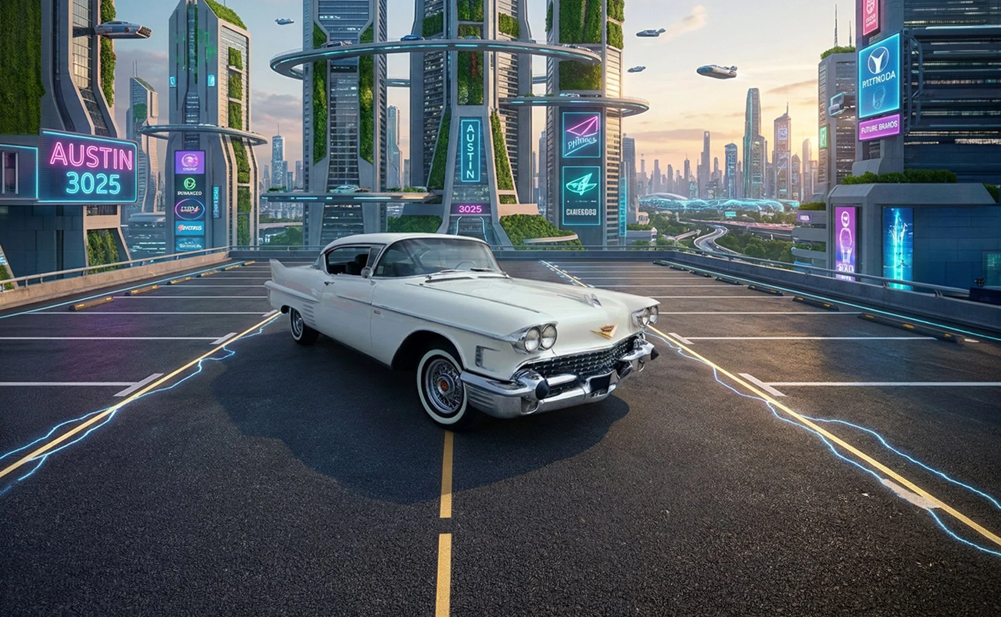 A futuristic cityscape with tall skyscrapers, floating cars, and neon signs. In the foreground is a vintage white Cadillac parked on an empty rooftop parking lot marked with yellow lines and glowing blue lightning effects.