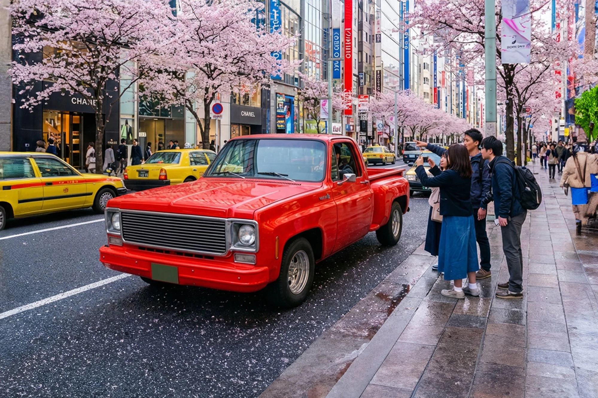 Street scene with cherry blossom trees in full bloom, a red pickup truck in the foreground, and yellow taxis parked along the side. Pedestrians are walking and taking photos amid tall buildings with colorful signs.