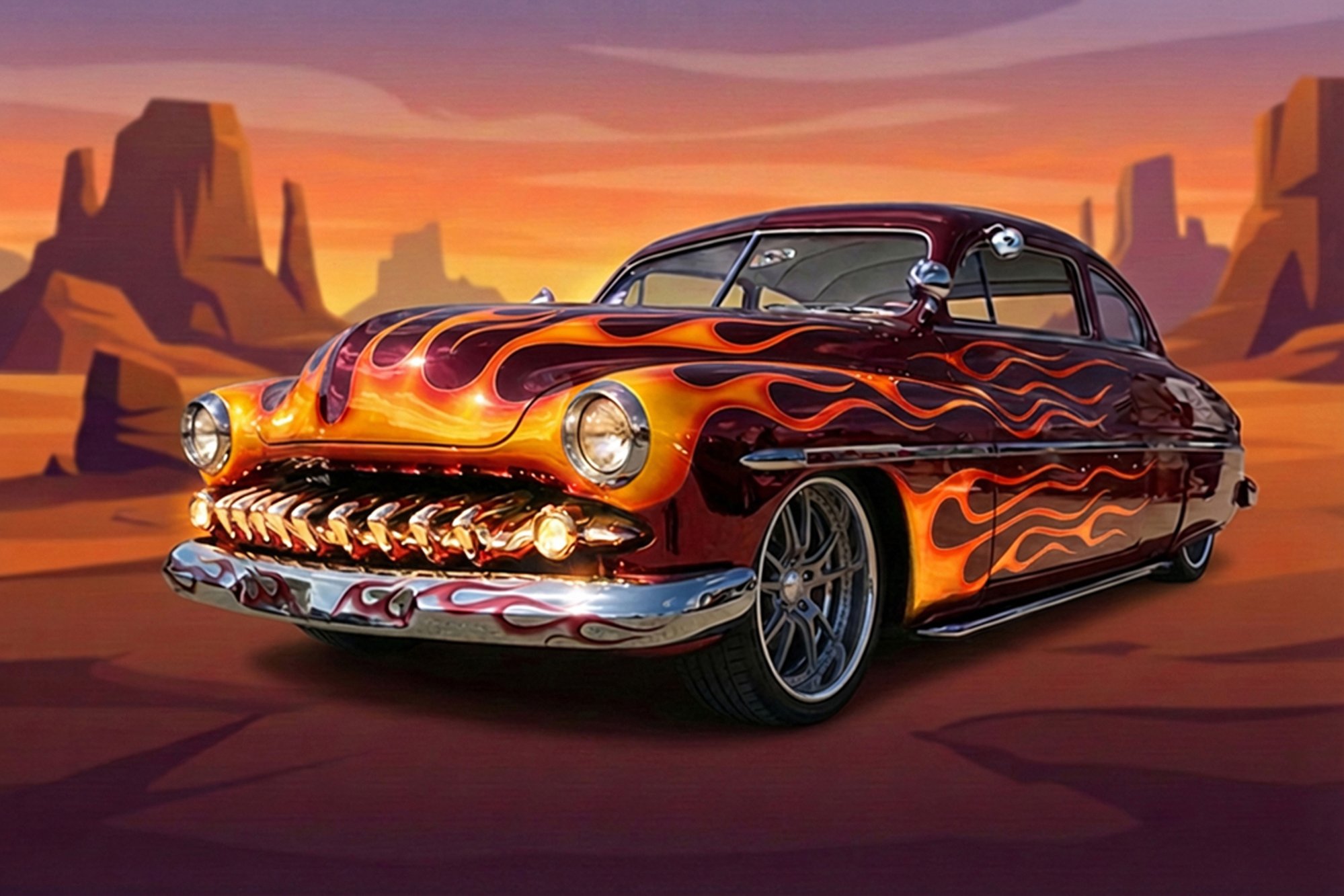 A vintage car with a black body and orange flame decals parked on a desert landscape during a sunset, with rock formations in the background.