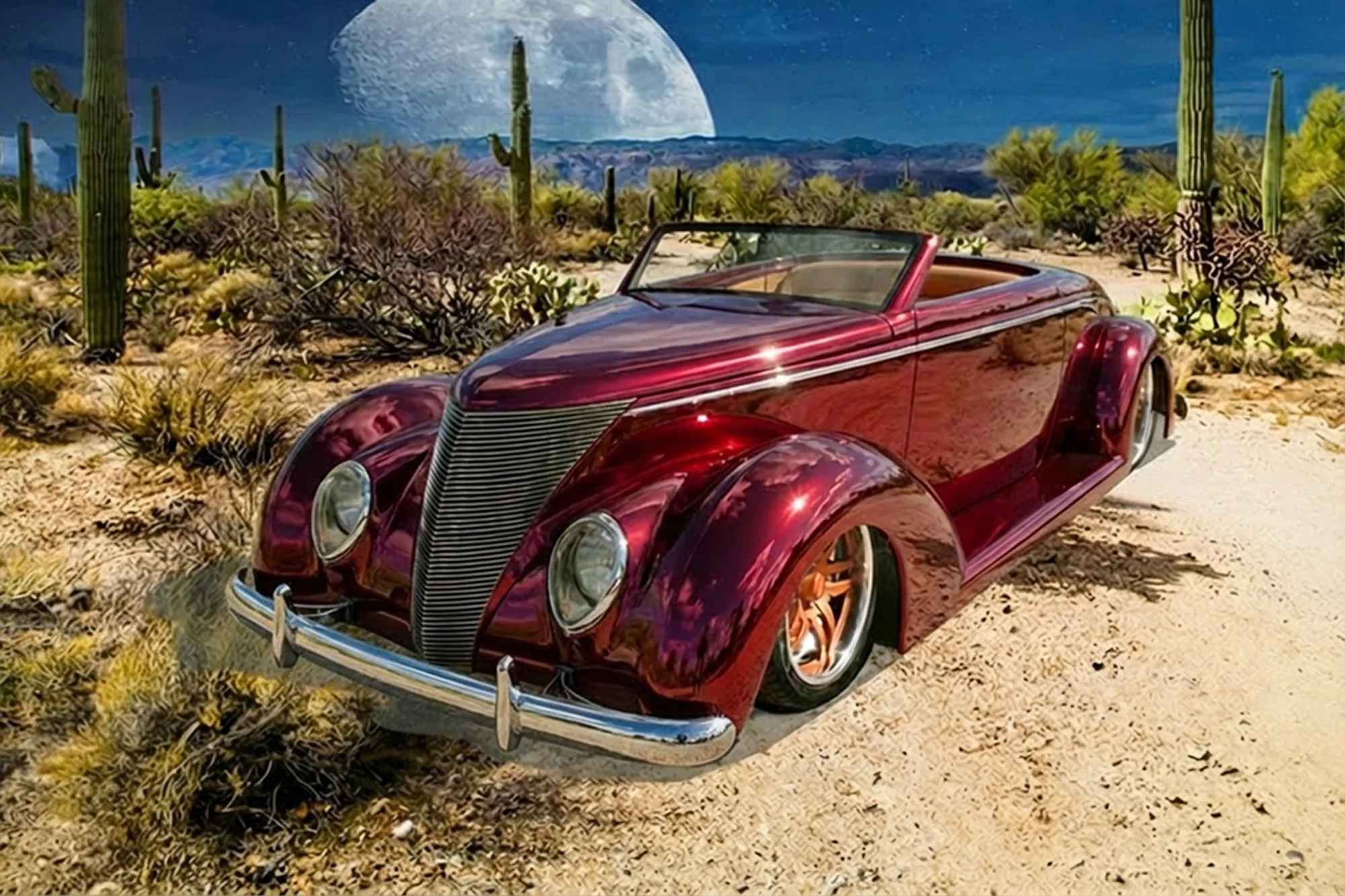 A vintage red convertible car parked in a desert landscape with cacti and desert plants, under a sky with a large moon or planet visible in the distance.