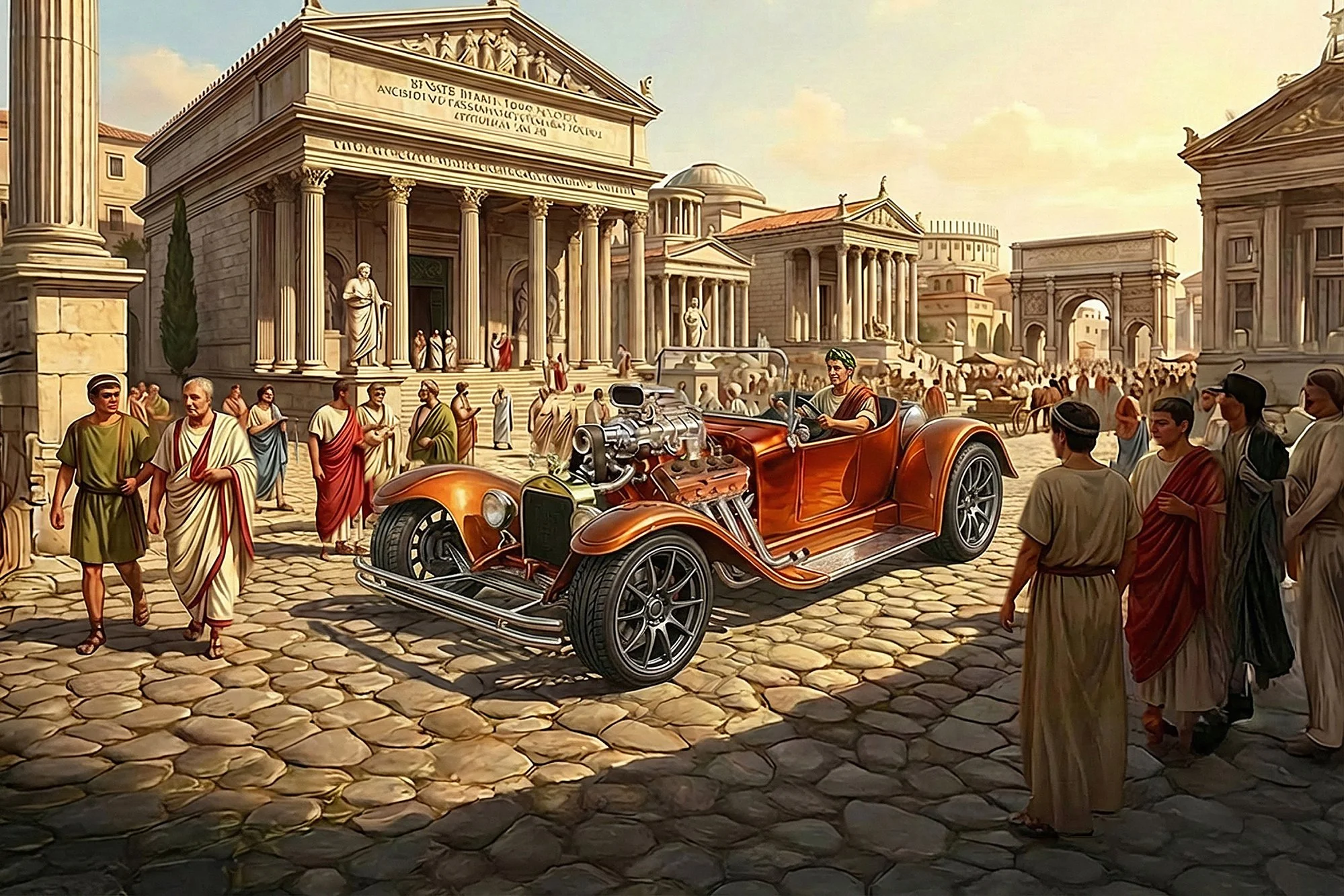 A historical scene set in ancient Rome with classical architecture, Roman citizens in togas, and a vintage car in the foreground.