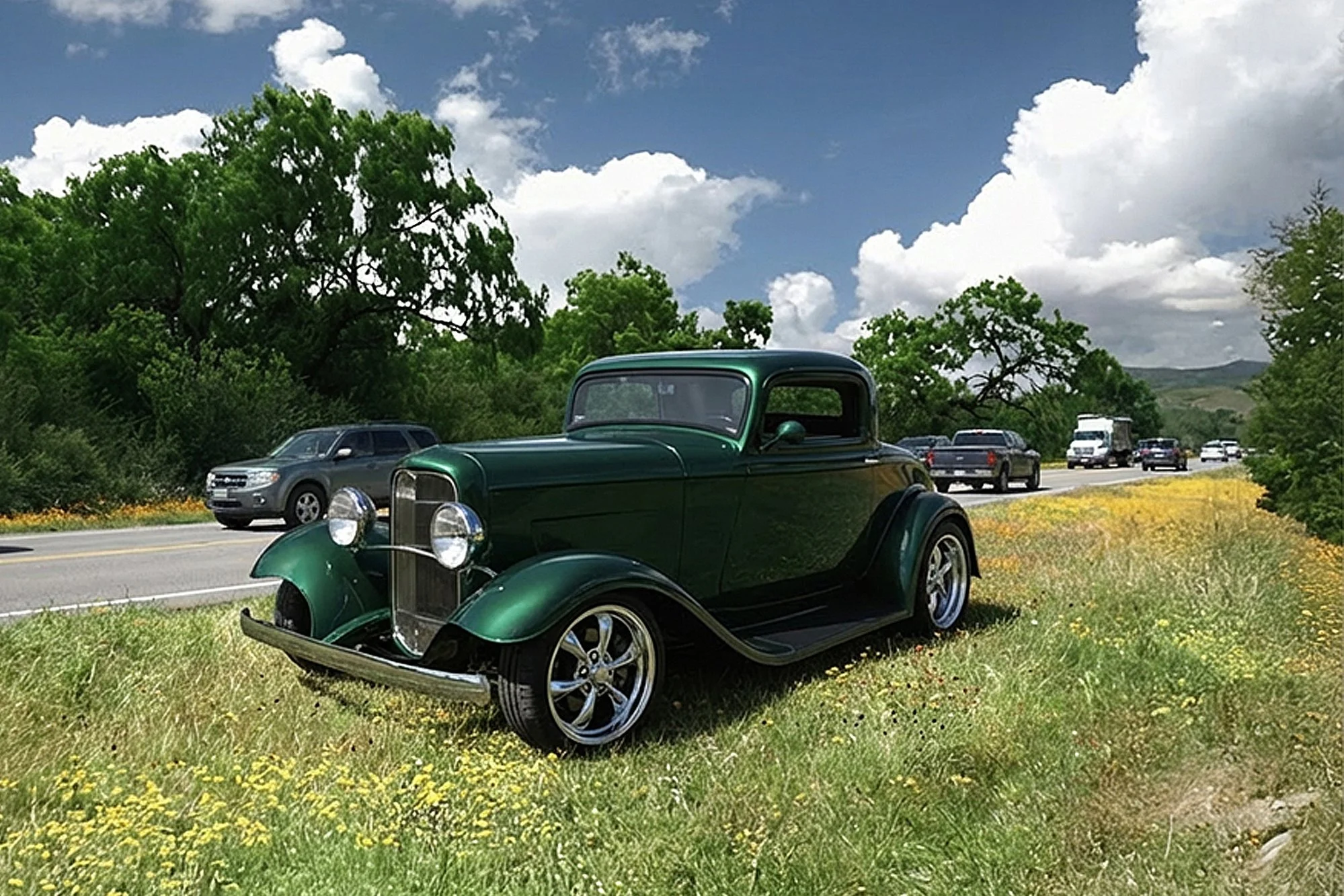 A vintage green car parked on a grassy area with yellow flowers, with modern cars on a road in the background, trees and a cloudy sky overhead.