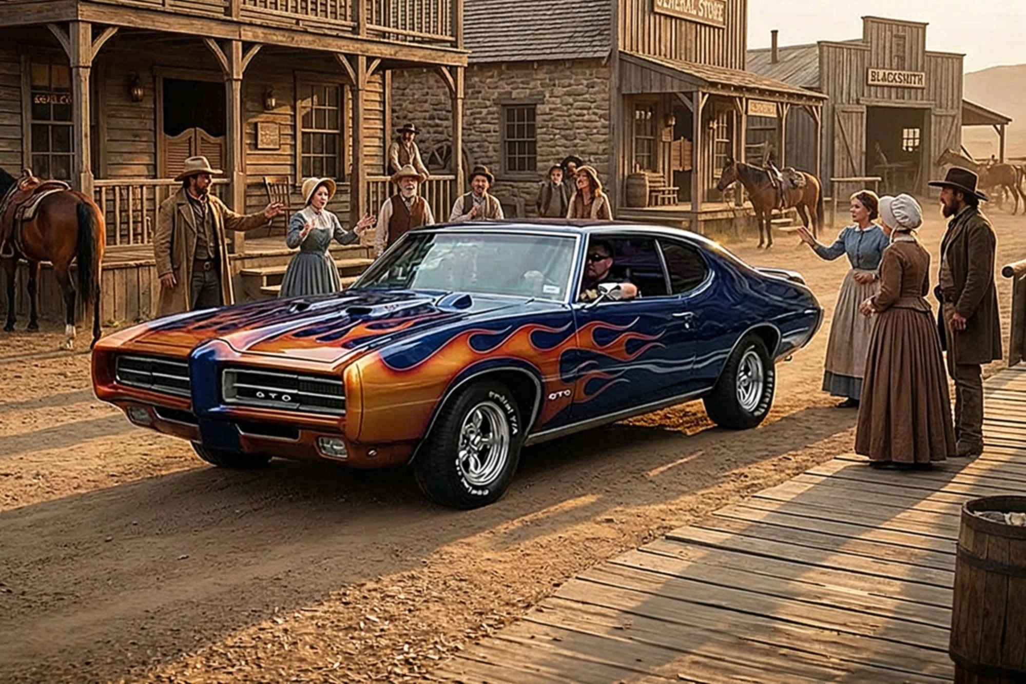 A vintage Western town scene with a modern muscle car in flames painted on the hood, surrounded by people in period costumes, some talking and some watching.