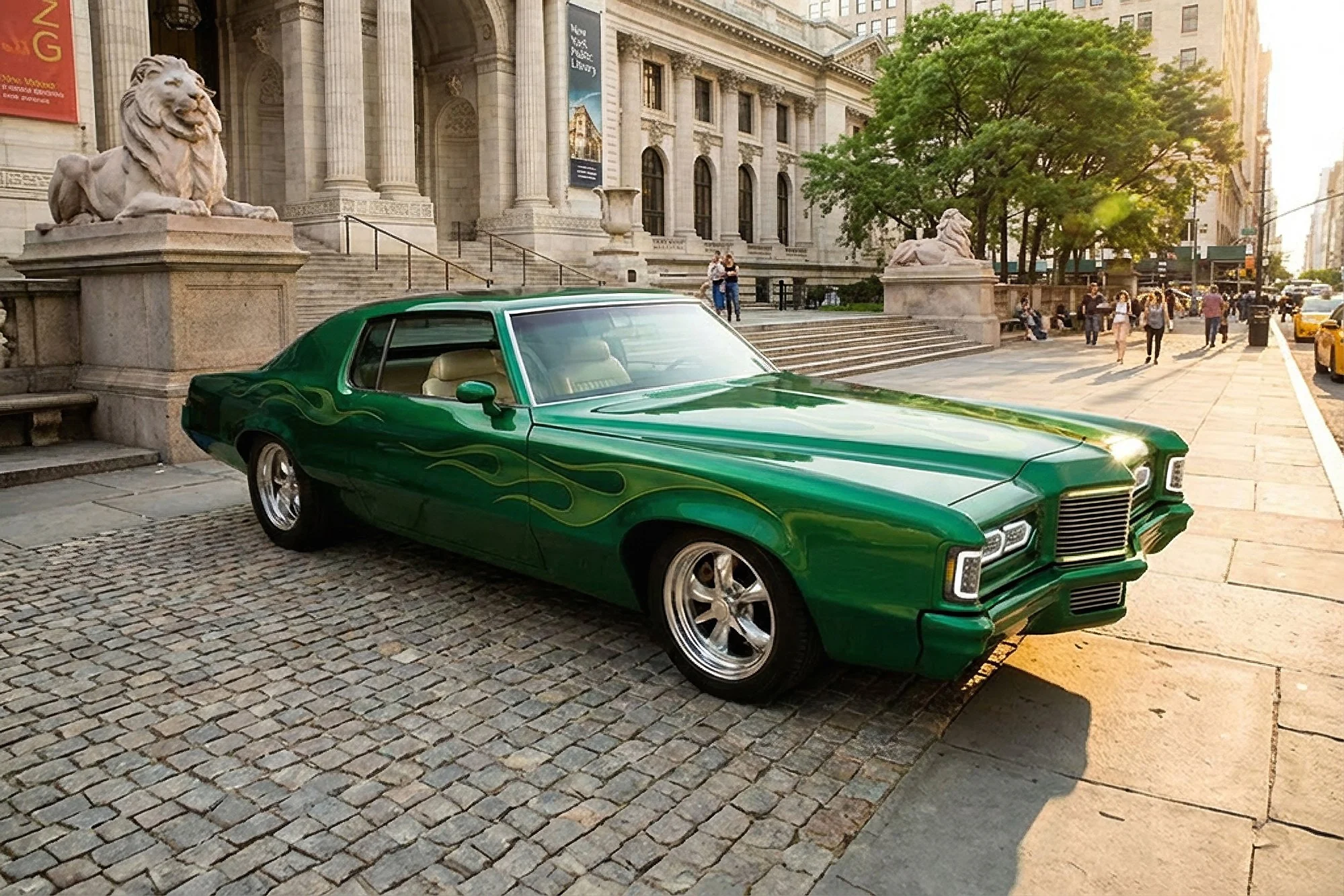 A vintage green car with yellow flame decals is parked on a cobblestone street in front of a large historic building with stairs and pillars. People are walking and sitting around, and there are trees and yellow taxis on the street.