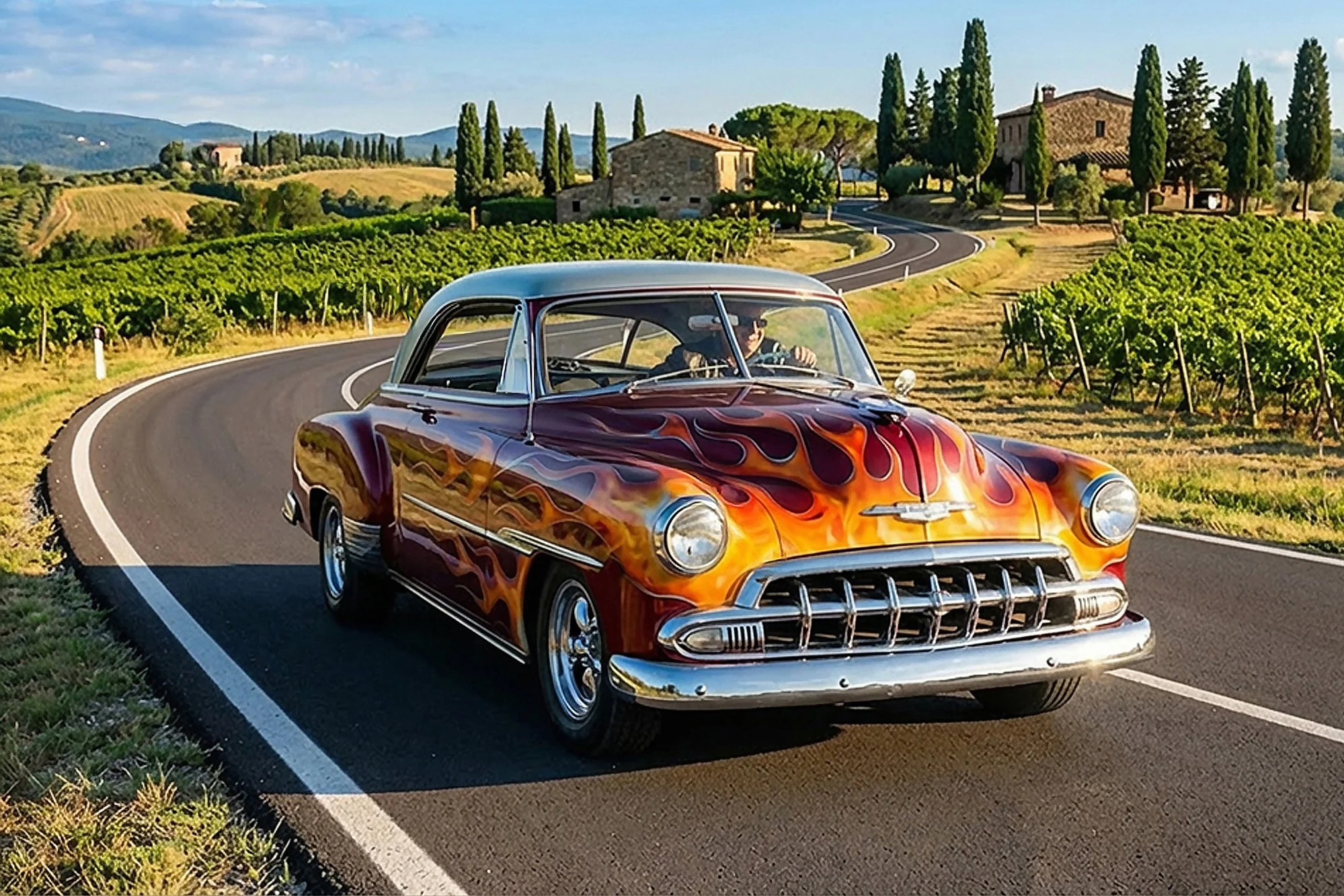 A vintage car with flames painted on the hood driving along a winding rural road through green fields and hills, with traditional Italian-style stone houses and cypress trees in the background.