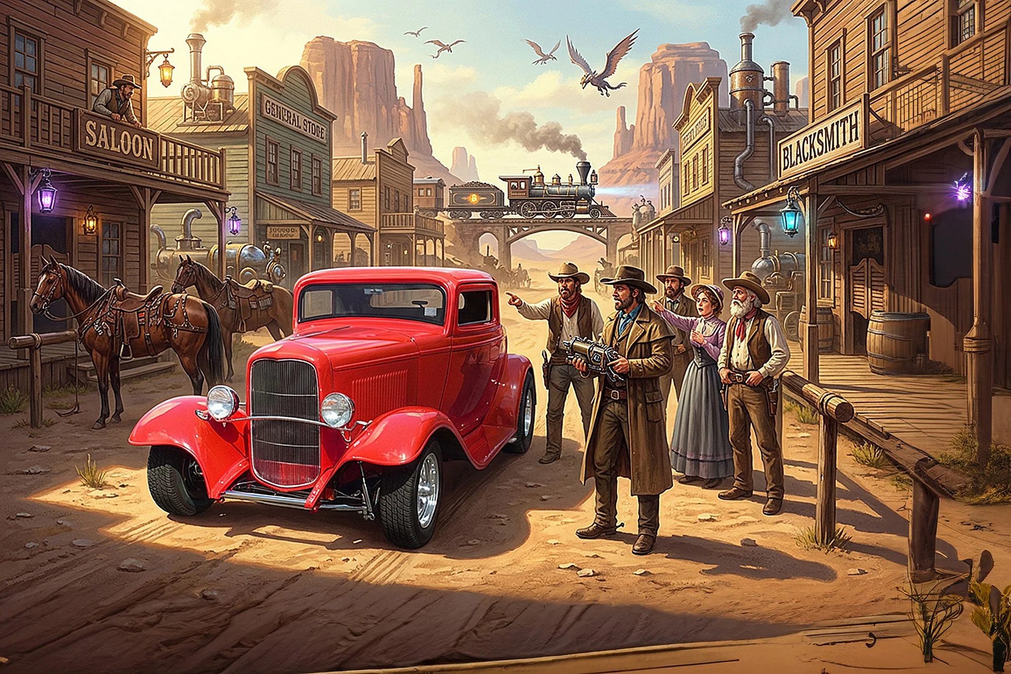 A Western town scene with a red vintage car in the foreground, surrounded by people dressed in Old West clothing. A train is passing on a bridge, and buildings include a saloon, general store, and blacksmith shop. The background features rock formati
