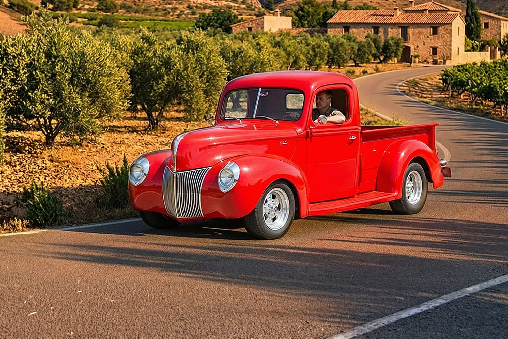 A vintage red pickup truck driving on a curving rural road with green trees and houses with terracotta roofs in the background.