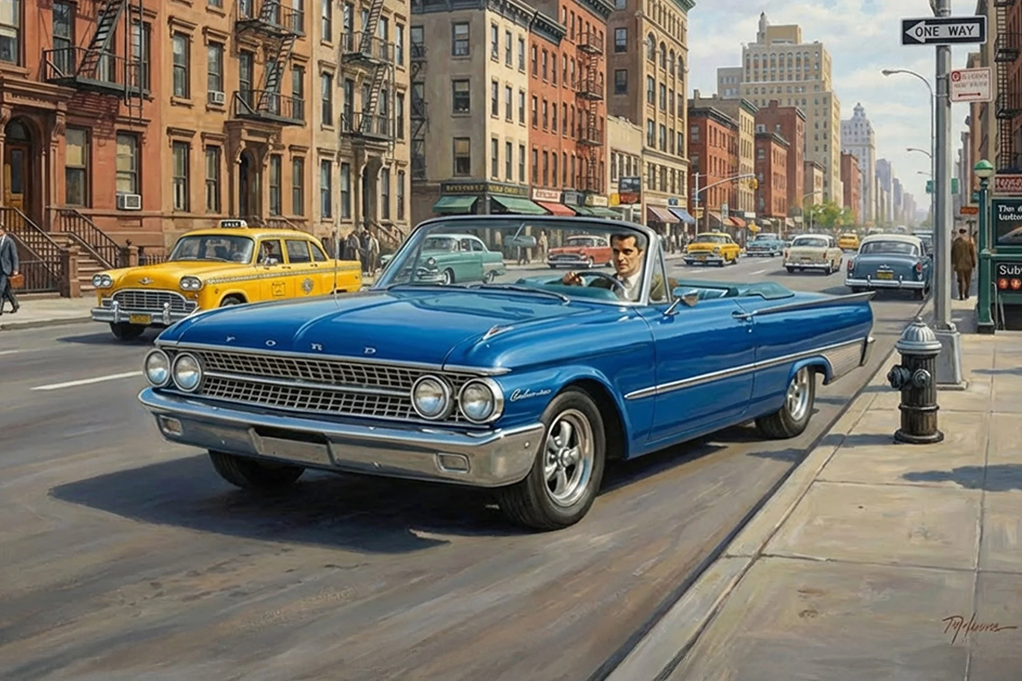 A vibrant city street scene from the 1950s or 1960s with a classic blue Cadillac convertible in the foreground, a yellow taxi behind it, and multiple other vintage cars. The street is lined with brownstone buildings, some with fire escapes, and store