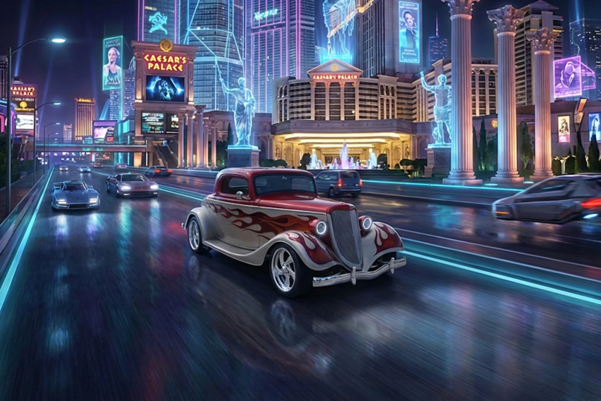 Futuristic city street scene with neon lights, holographic advertisements, and classical statues; vintage car with flames painted on the side driving on wet road.