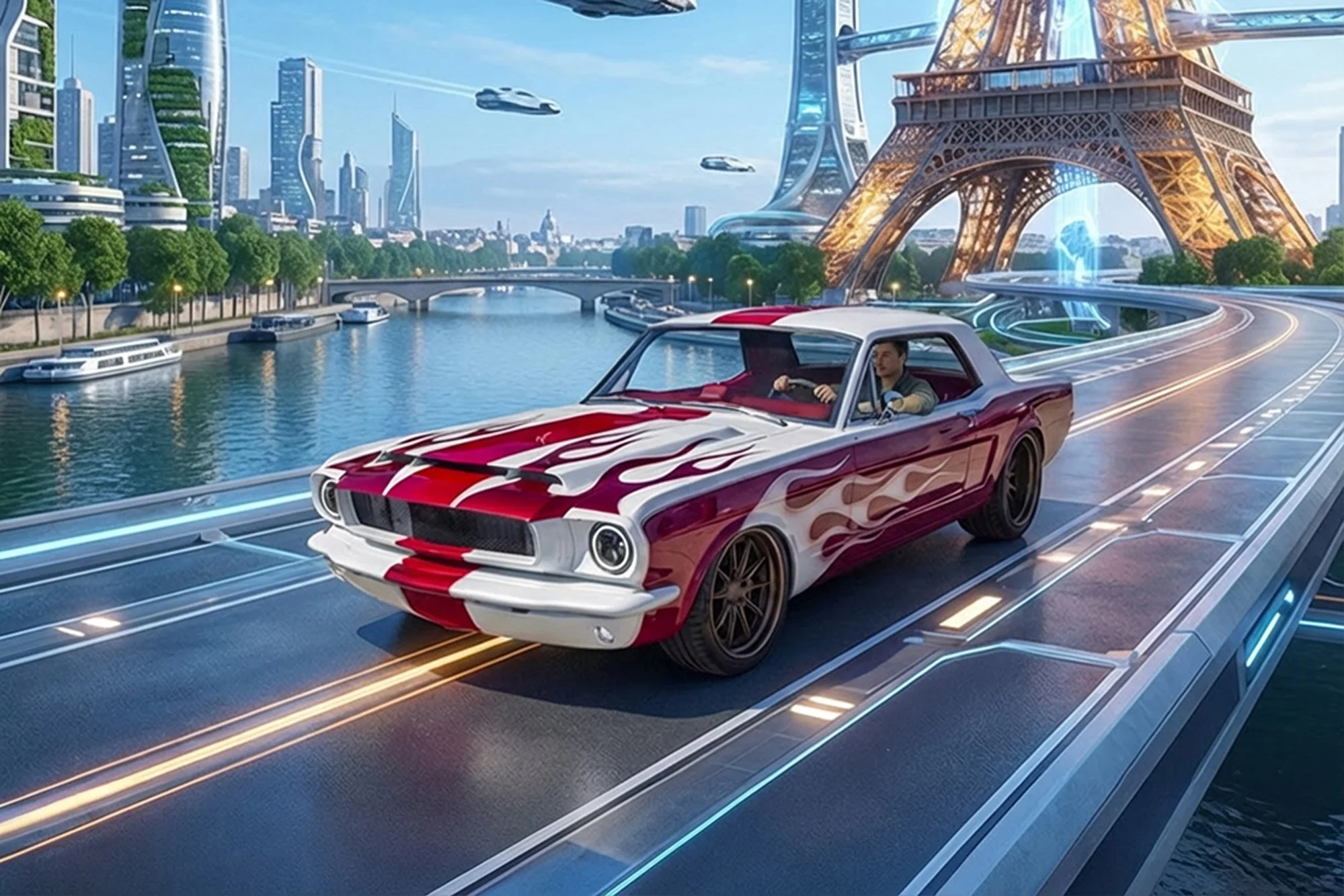 A futuristic cityscape with tall, sleek skyscrapers and a river with boats. A man drives a red and white muscle car with flames painted on the hood along a glowing, elevated road. The Eiffel Tower replica is visible, and flying cars are in the sky.