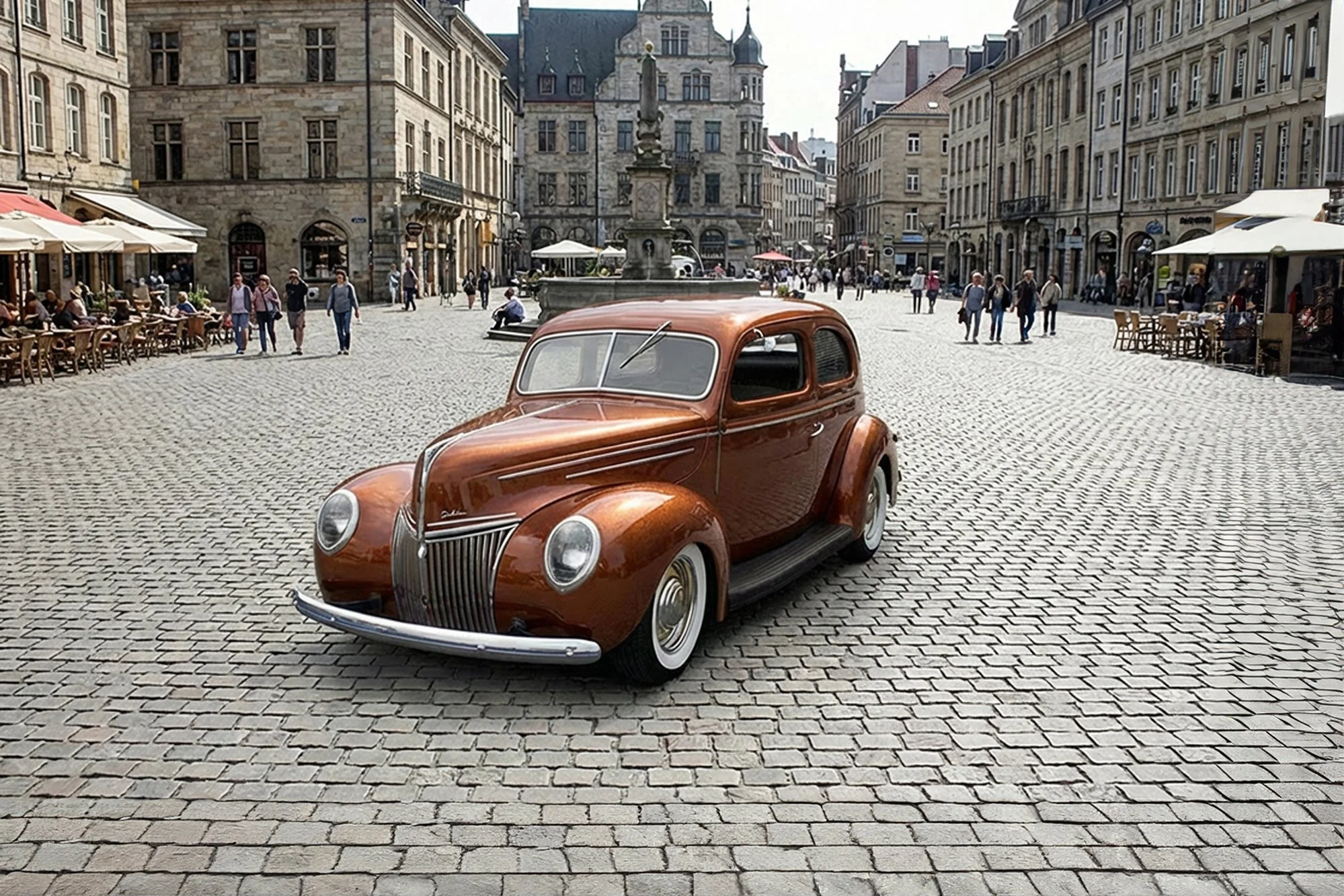 Vintage brown car parked on cobblestone square with historic buildings, outdoor cafes, and people walking.