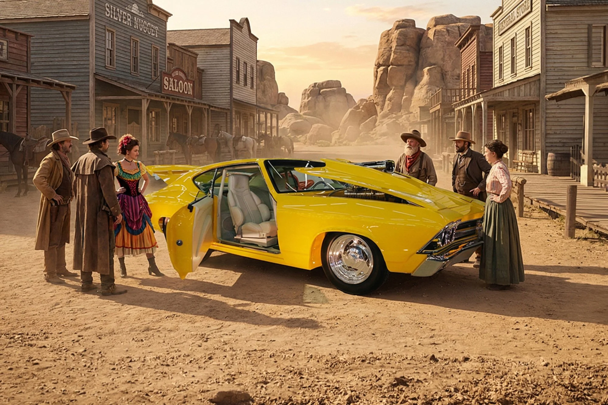 A scene from a Western film set with five people in period clothing standing around a yellow sports car with its doors open. The background features old Western-style buildings, horses, and rocky desert terrain under a sunset sky.