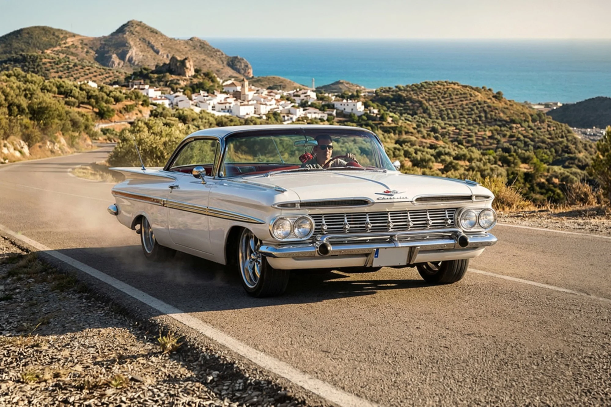 A classic white Chevrolet car driving on a winding mountain road overlooking a coastal village with white buildings, green hills, and the ocean in the background.