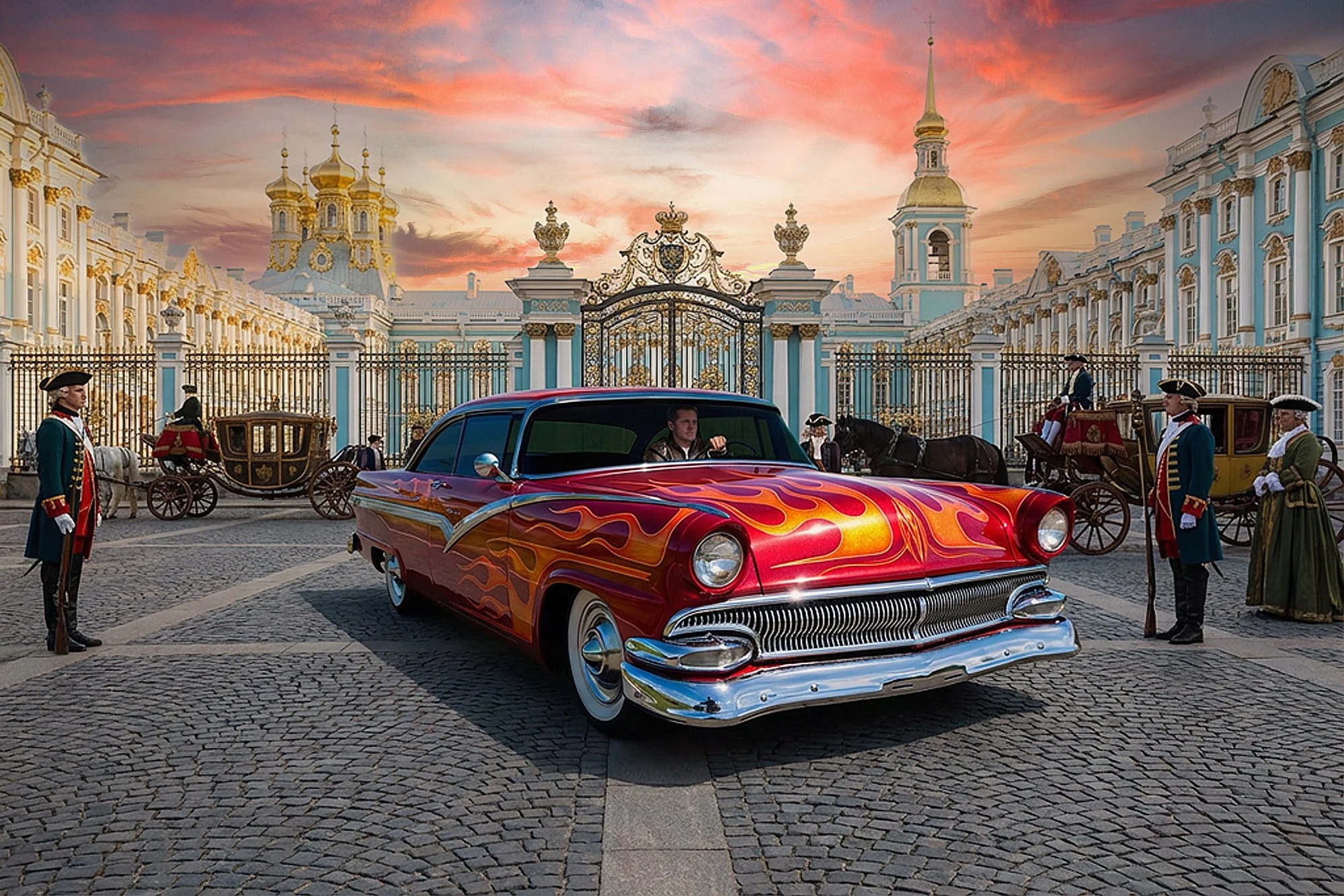 A vintage-style car with flames painted on it drives past guards and horse-drawn carriages in front of a grand, ornate palace at sunset, with a colorful sky and gold-domed towers.