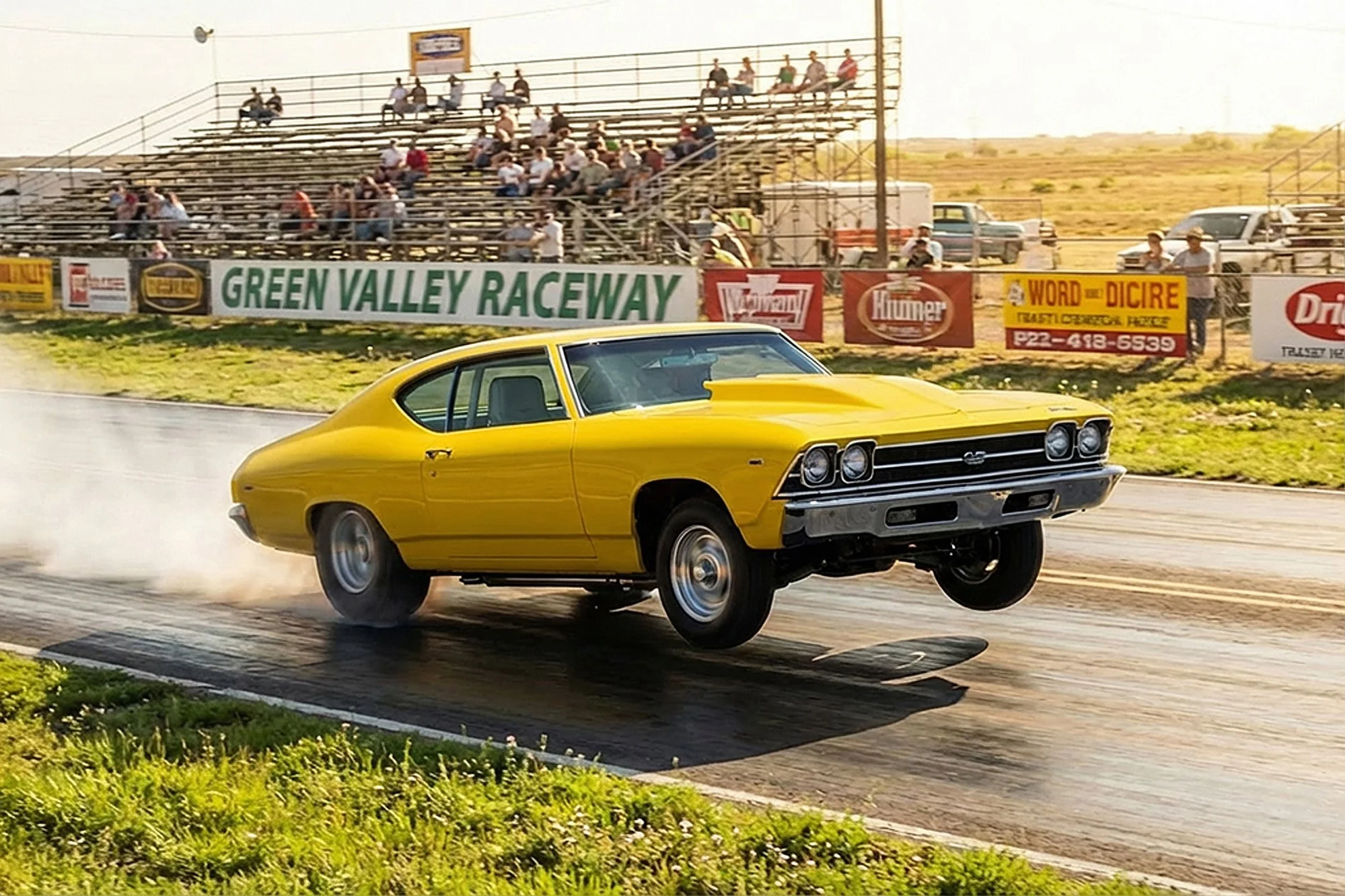 A yellow vintage muscle car performing a wheelie on the race track at Green Valley Raceway. Spectators are sitting on bleachers in the background.