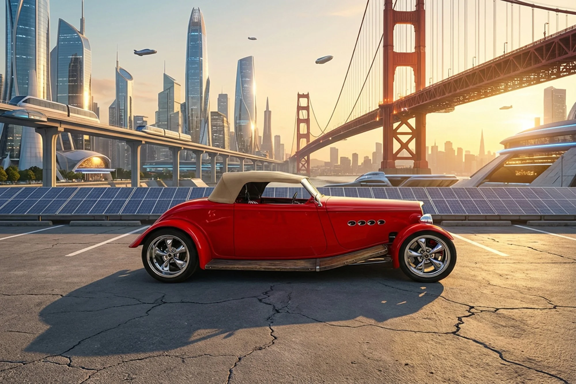 A red vintage convertible car parked in a parking lot with solar panels on the ground, set against the backdrop of a futuristic city skyline and the Golden Gate Bridge at sunset.