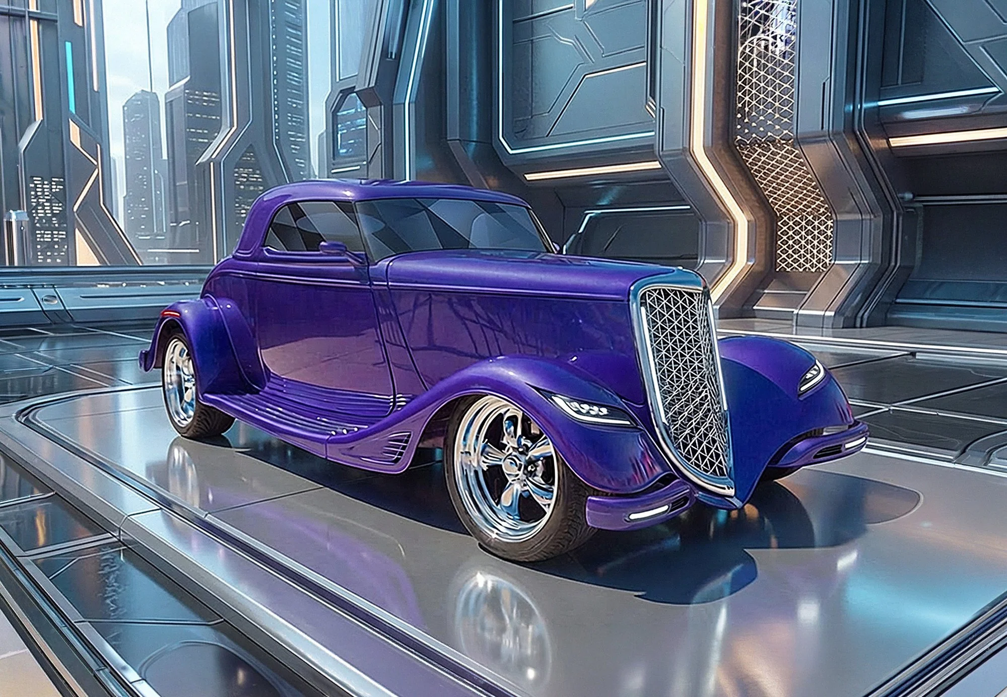 A futuristic purple car with sleek design and shiny chrome wheels is displayed on a metallic platform in a high-tech showroom surrounded by metallic and illuminated walls.
