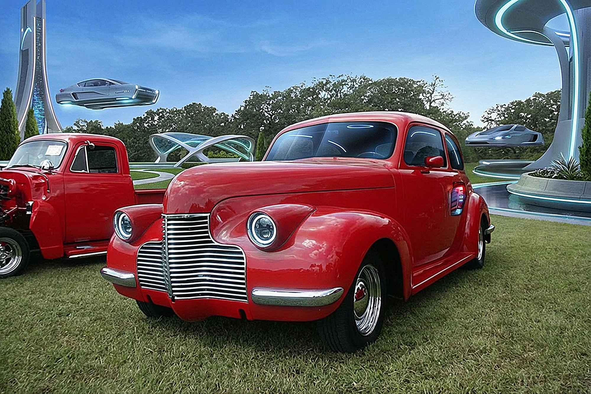 A vintage red car from the 1930s parked on a grassy area with futuristic UFO-like vehicles floating above and modern sci-fi structures in the background under a clear blue sky.