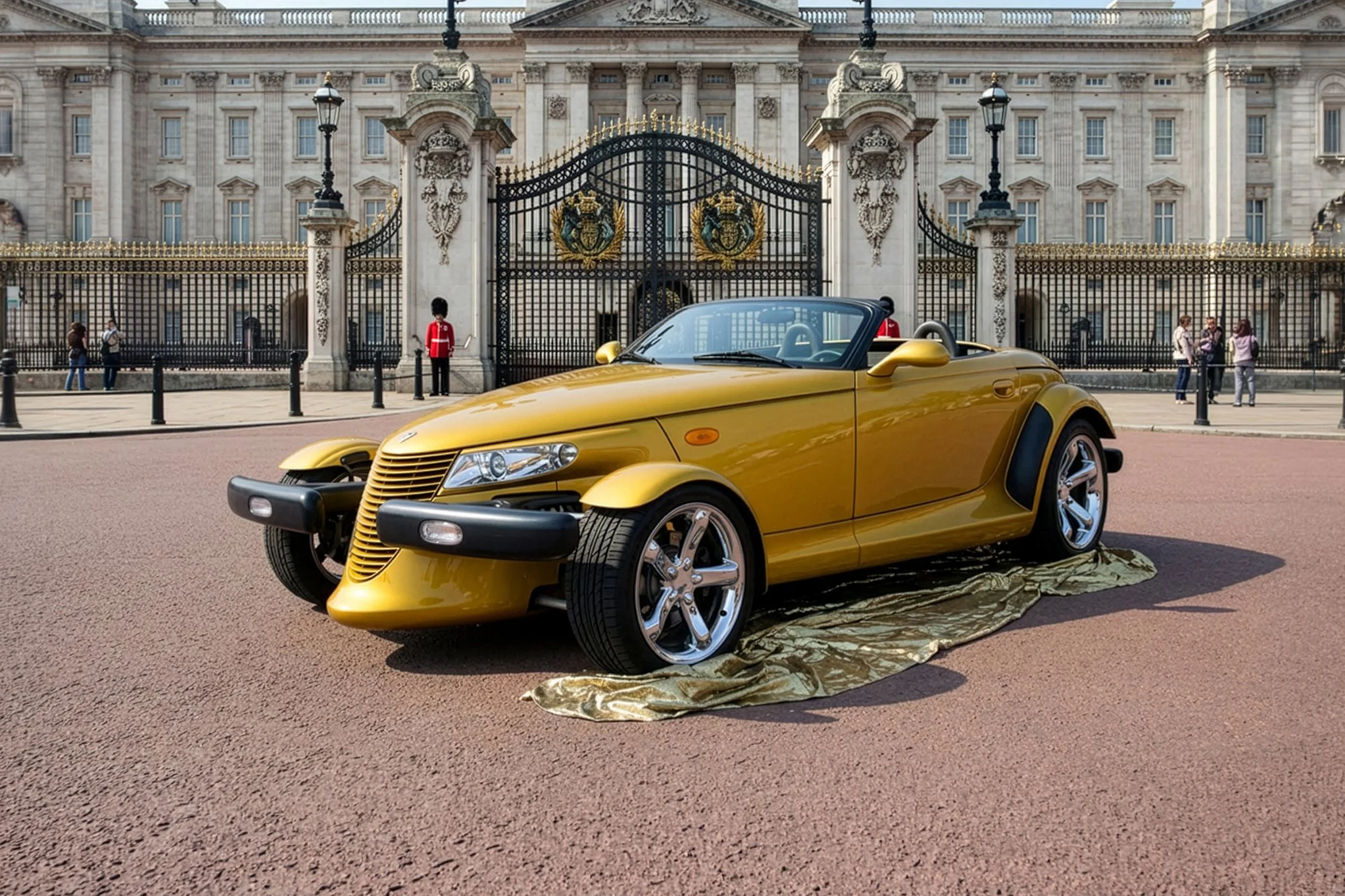 A yellow convertible car parked on a city street in front of a grand historic building with an ornate black and gold gate, tourists and guards standing nearby.