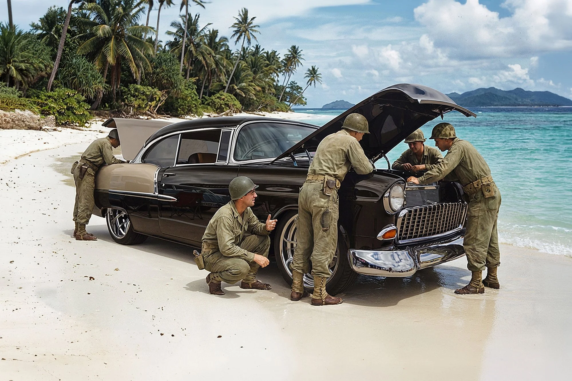 World War II soldiers in military uniforms examining a black car on a beach with palm trees, ocean, and mountains in the background.