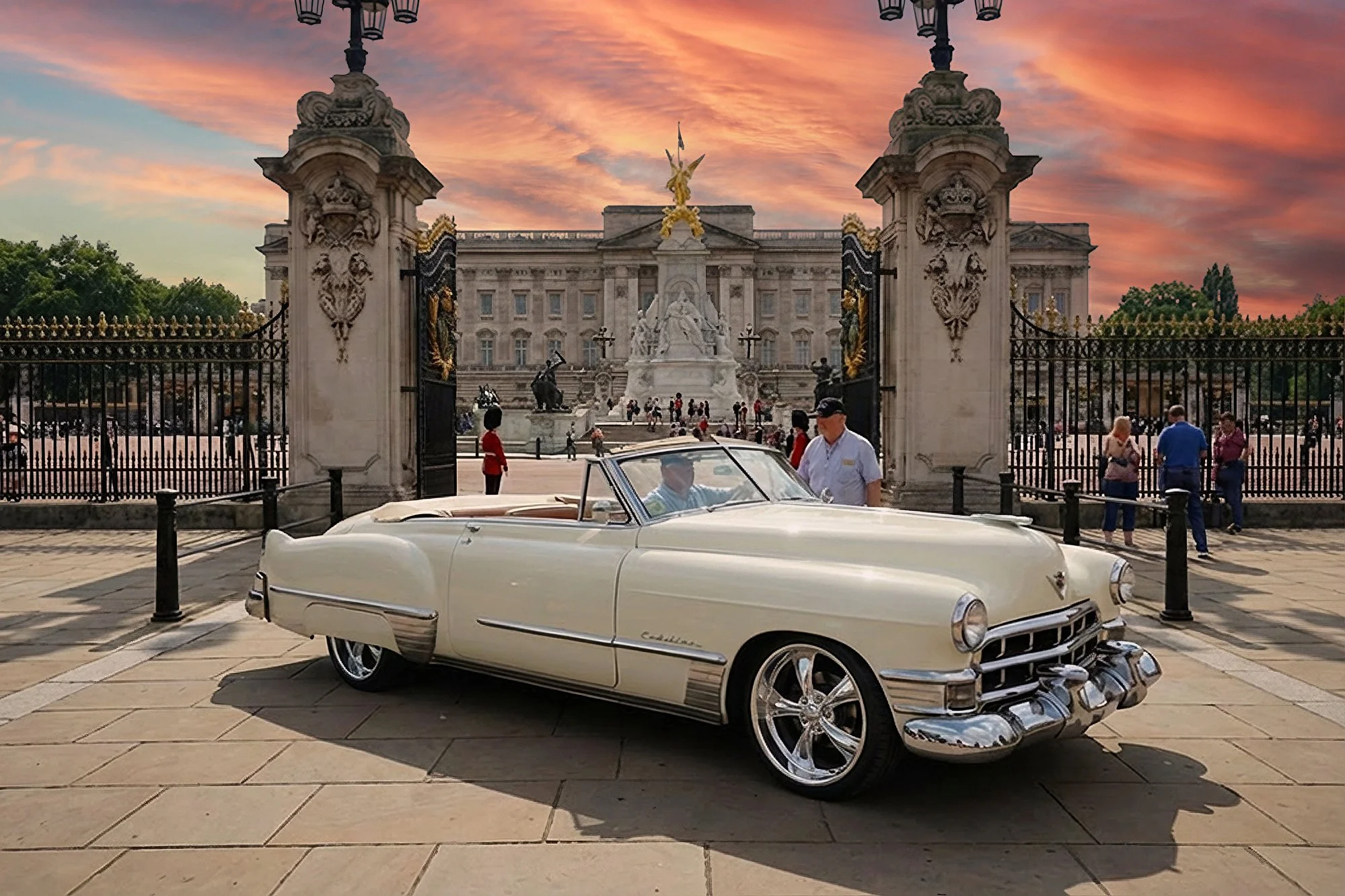A white vintage Cadillac car parked in front of a historical building with a gate, during sunset, with people walking and a classic car exhibition.