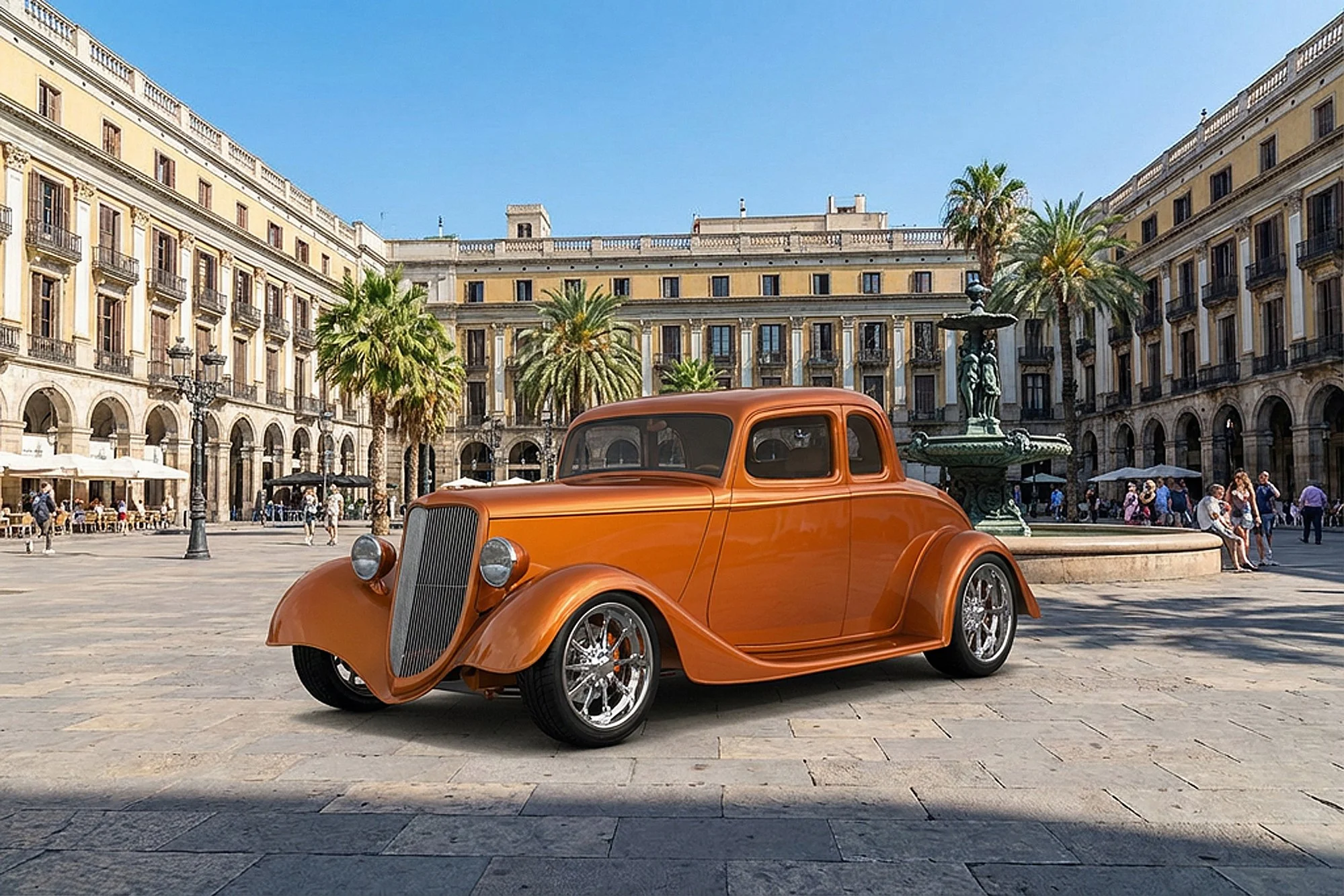 A vintage orange car parked on a European plaza with historic buildings, palm trees, a fountain, and people walking in the background.