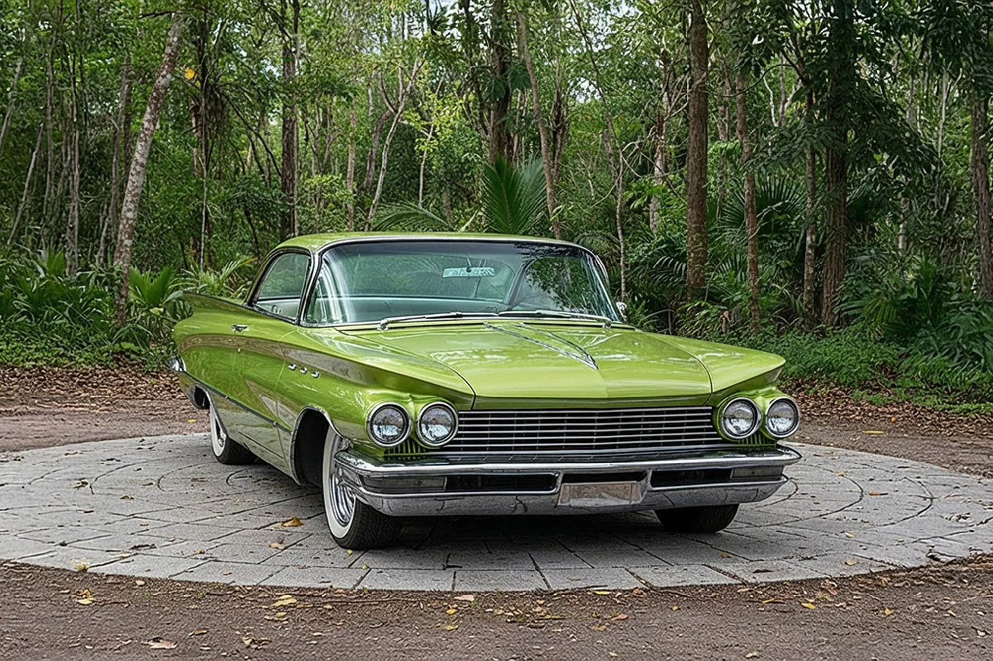 A vintage green Chevy car parked on a stone pathway in front of a lush forest with tall trees and dense foliage.