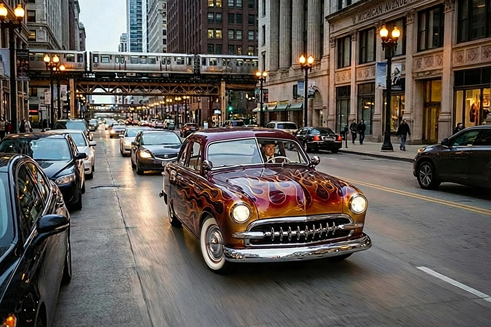 A busy city street scene with a vintage car painted in flames driving among modern cars, with a train passing overhead on an elevated track, tall buildings lining the street, and pedestrians walking on the sidewalks at dusk.
