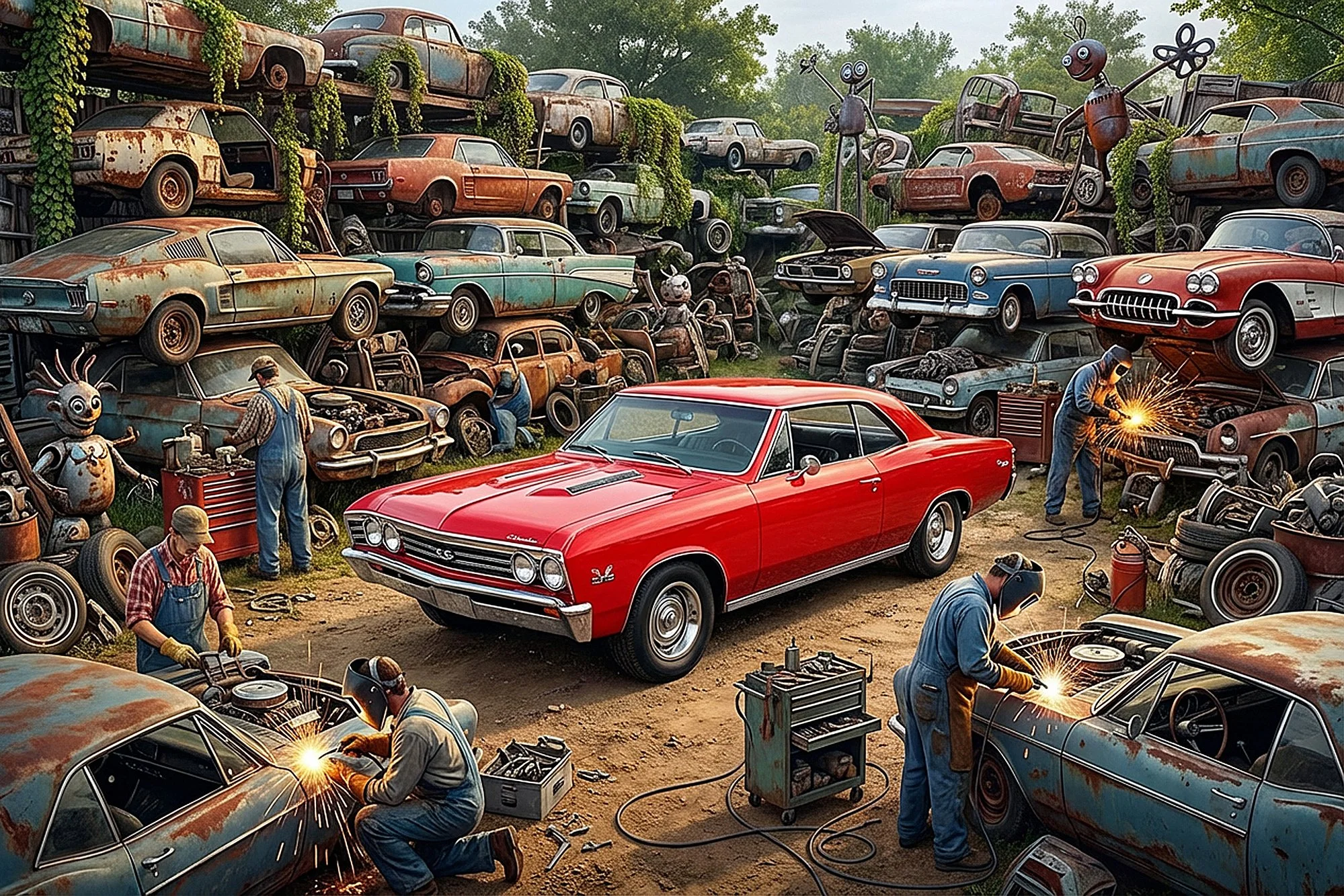 A junkyard filled with classic cars, some rusted and in disrepair, with various tools and robotic characters working on the vehicles, including welding sparks and greenery growing among the cars.