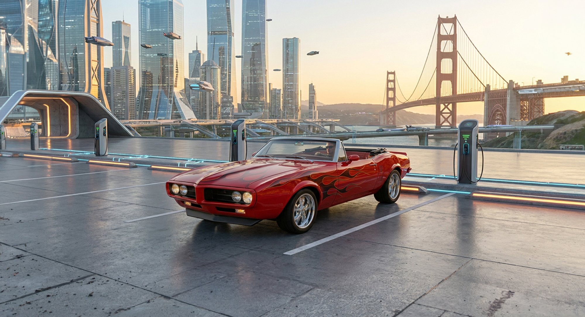 A futuristic cityscape with tall glass skyscrapers, flying cars, and a red vintage convertible parked at an electric vehicle charging station near the bay, with the Golden Gate Bridge visible in the background during sunset.