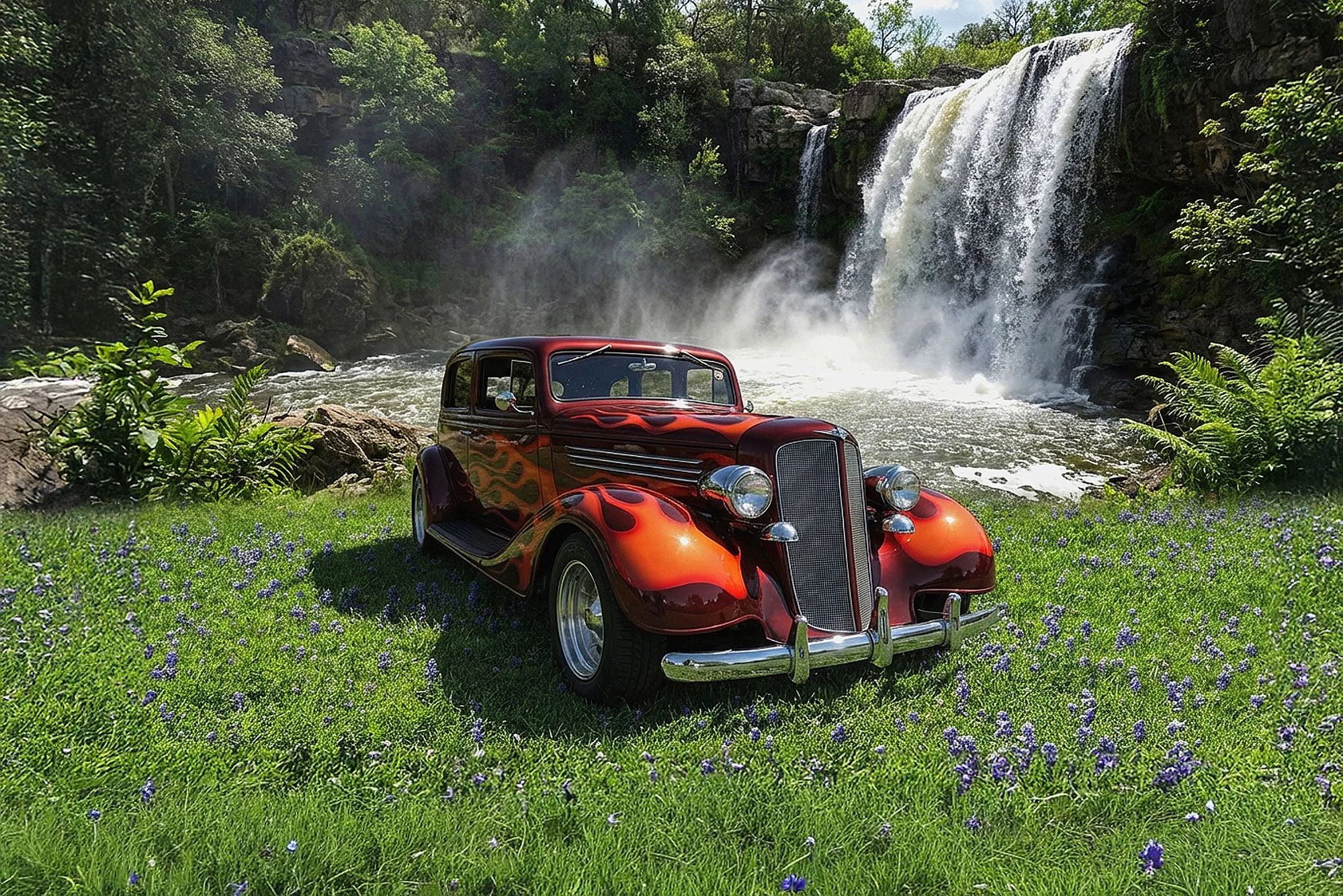 A vintage red car with flame decals parked on a grassy field covered in small purple flowers, with a large waterfall and lush green trees in the background.