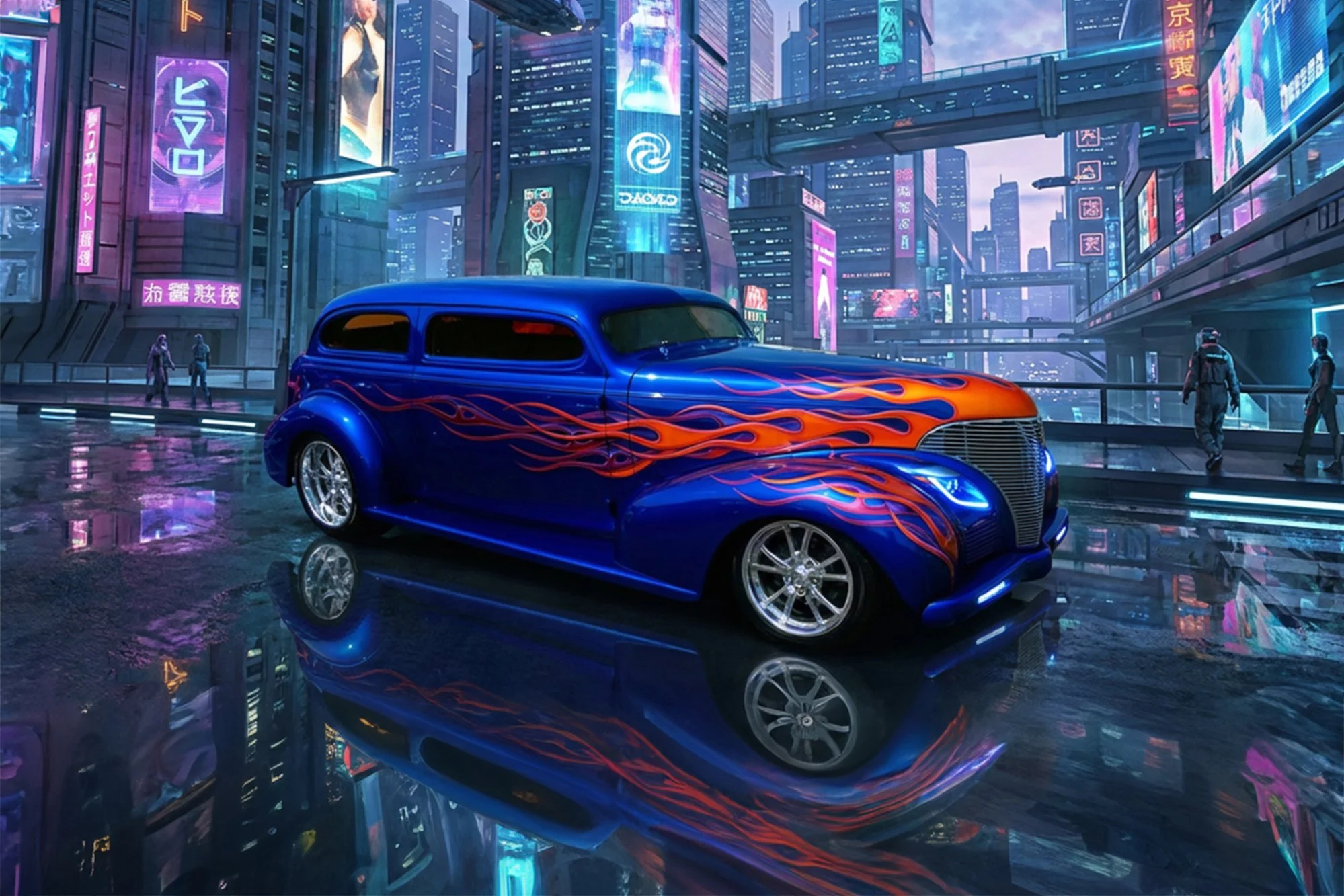 A futuristic city scene with tall neon-lit skyscrapers, digital billboards, and rain-soaked streets. There is a classic blue car with red flame decals parked in the foreground, mirroring the vibrant city lights on the wet pavement. People walk along 
