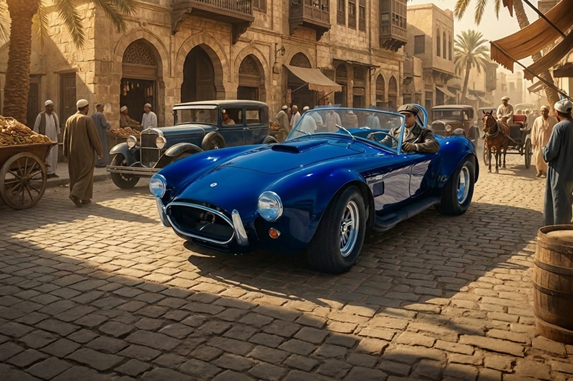 A scene of a historical marketplace with vintage cars, people wearing traditional Middle Eastern clothing, palm trees, stone buildings with arches, and market stalls underneath fabric awnings.