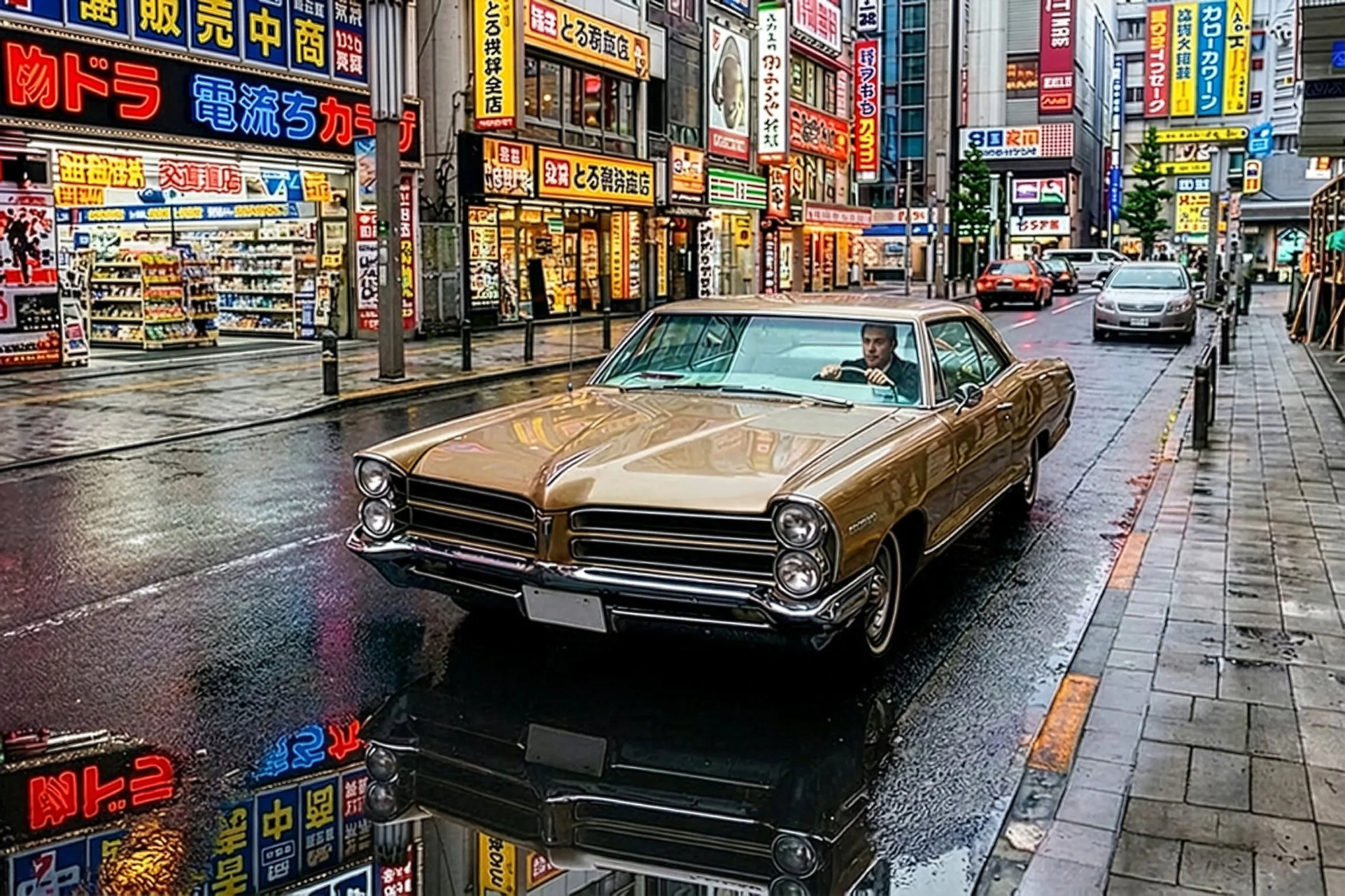 A vintage brown car parked on a wet city street at night, with a background of brightly illuminated Japanese signs and storefronts.