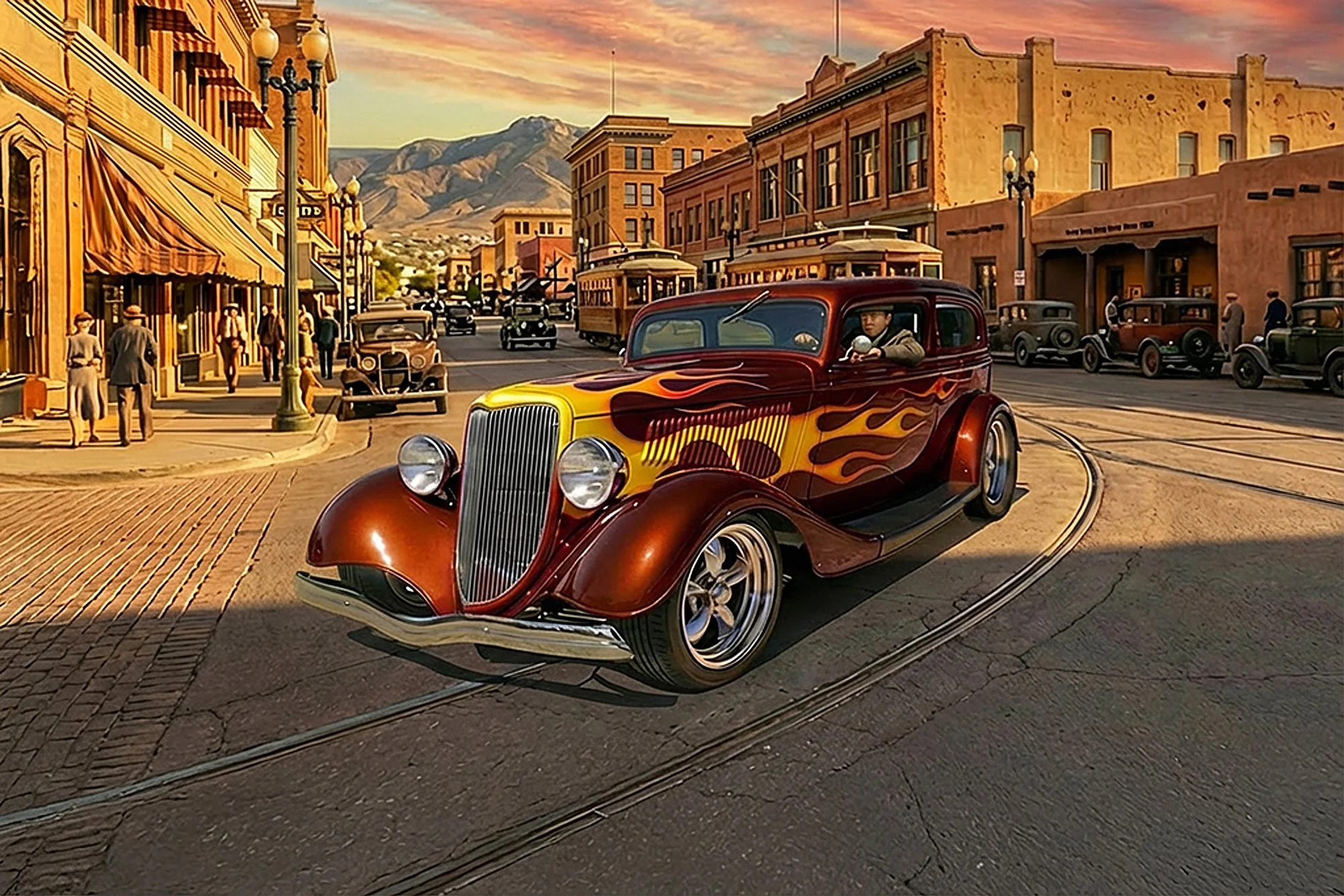 A vintage red hot rod with yellow and orange flame decals driving along a street on a sunny evening. The street is lined with old buildings, and there are pedestrians and other vintage cars visible in the background. The sky has a colorful sunset wit