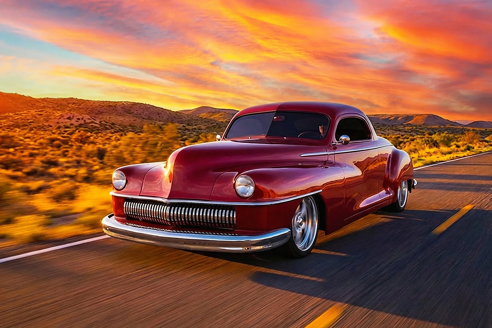 A vintage red car driving on a scenic highway at sunset with a dramatic sky filled with orange, pink, and purple clouds, and rolling hills in the background.